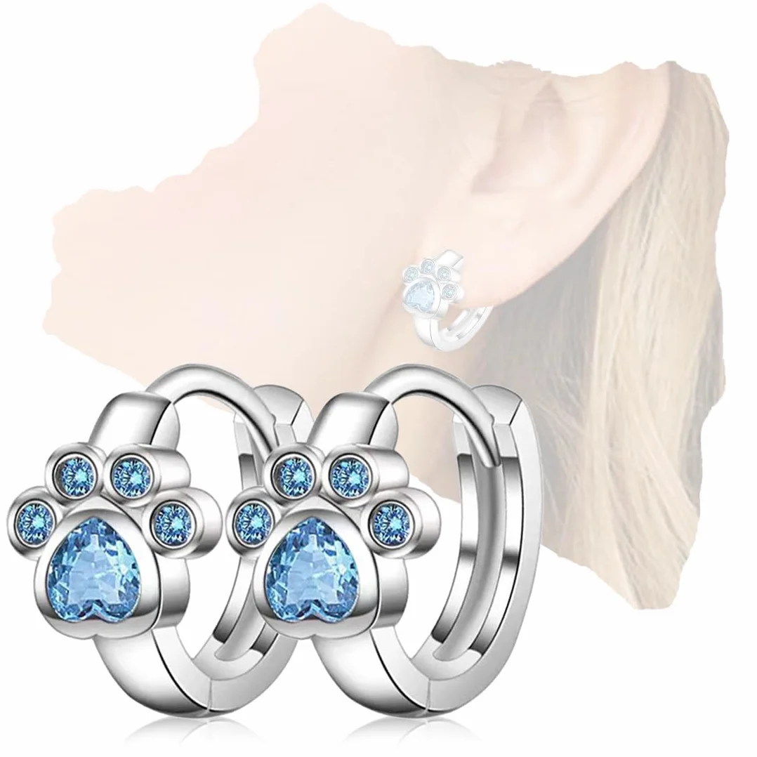 Aretes de pata de gatos con diseño huella Cristal Circonita, Joyería Elegante para niña, Azul Brillante