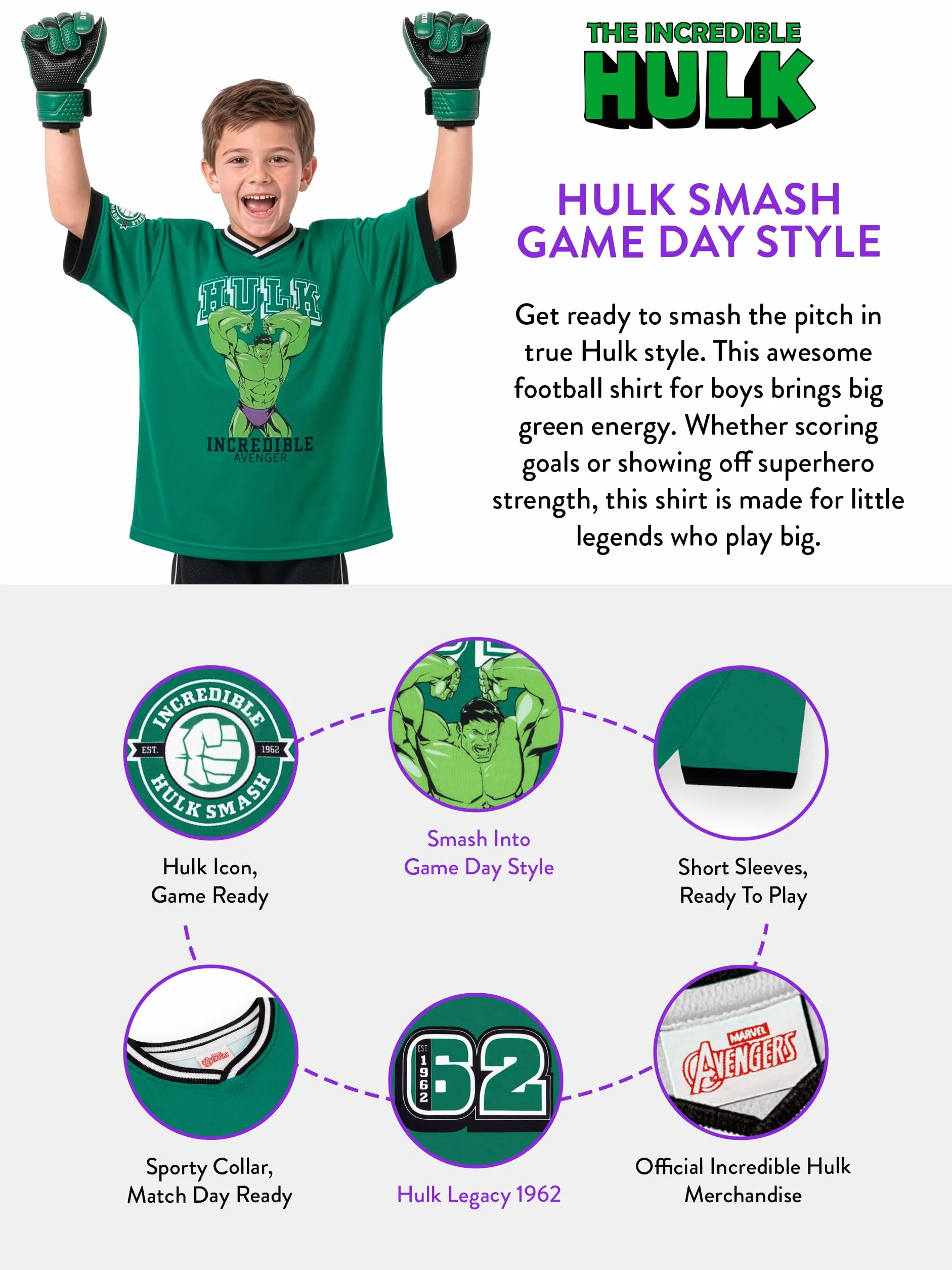 Marvel The Incredible Hulk Camiseta de Fútbol Infantil para Niño