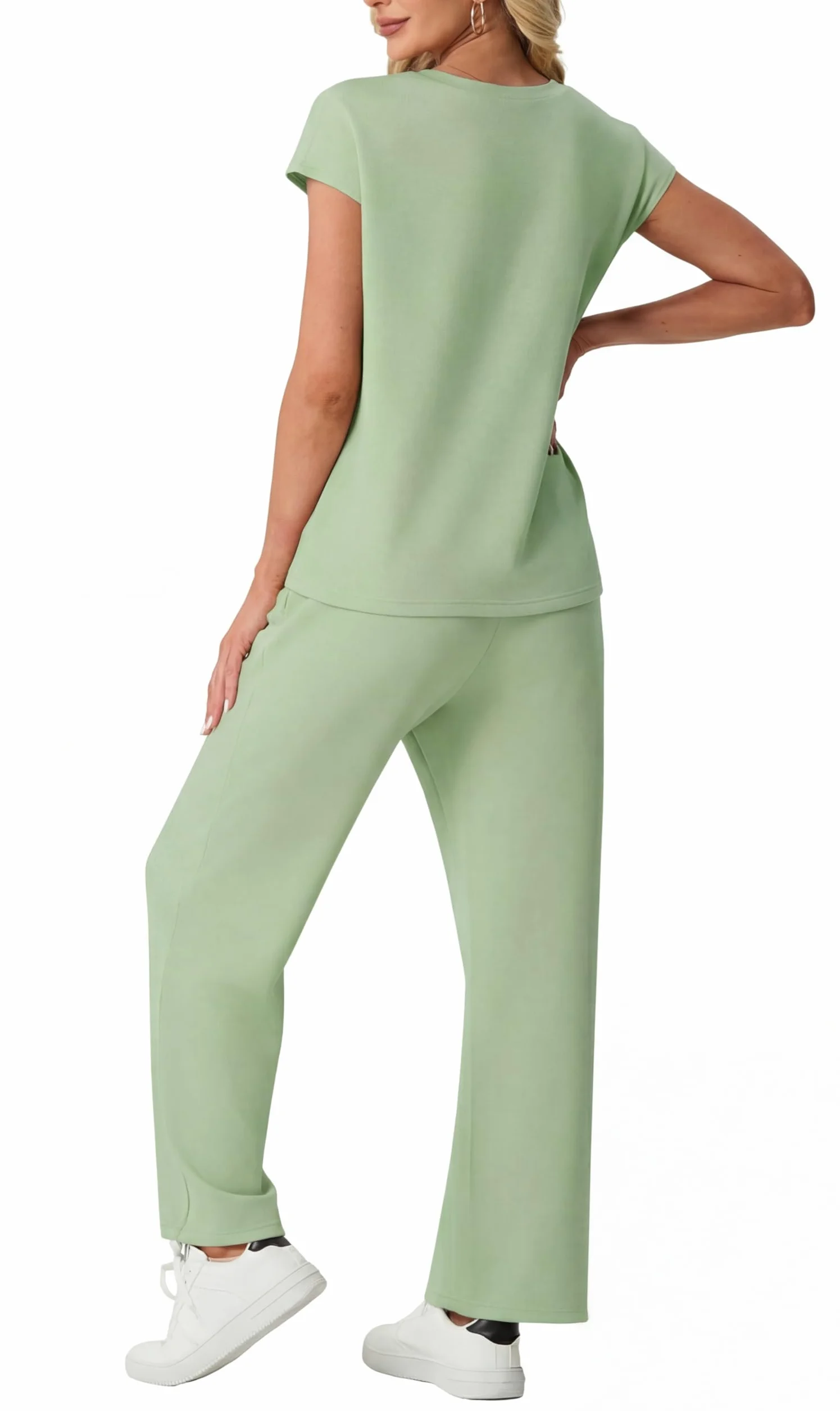 GRECERELLE Conjunto completo de chándal para mujer, de manga corta, de verano, para descansar, conjunto de dos piezas, casual, cuello redondo, tops y pantalones deportivos para gimnasio con bolsillos