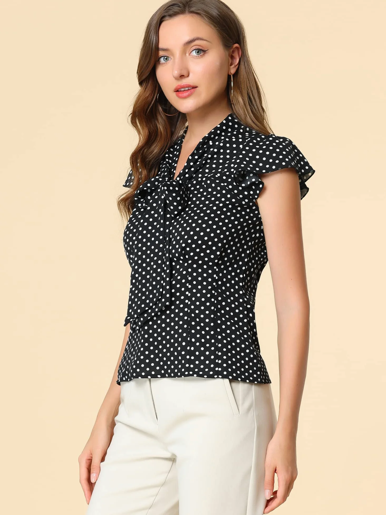 Allegra K Camisa con Lunares para Mujer, Blusa con Cuello de Lazo Y Manga con Volantes