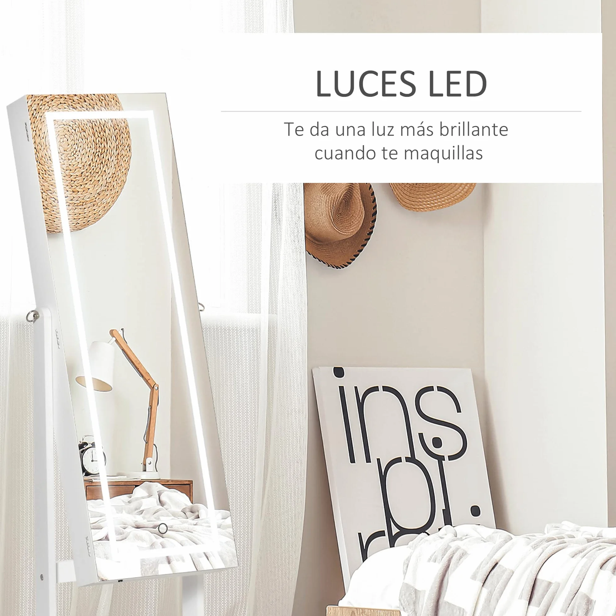 HOMCOM Espejo Joyero con Luces LED, Armario de Pie, Cierre Magnético, Blanco y Forro Negro