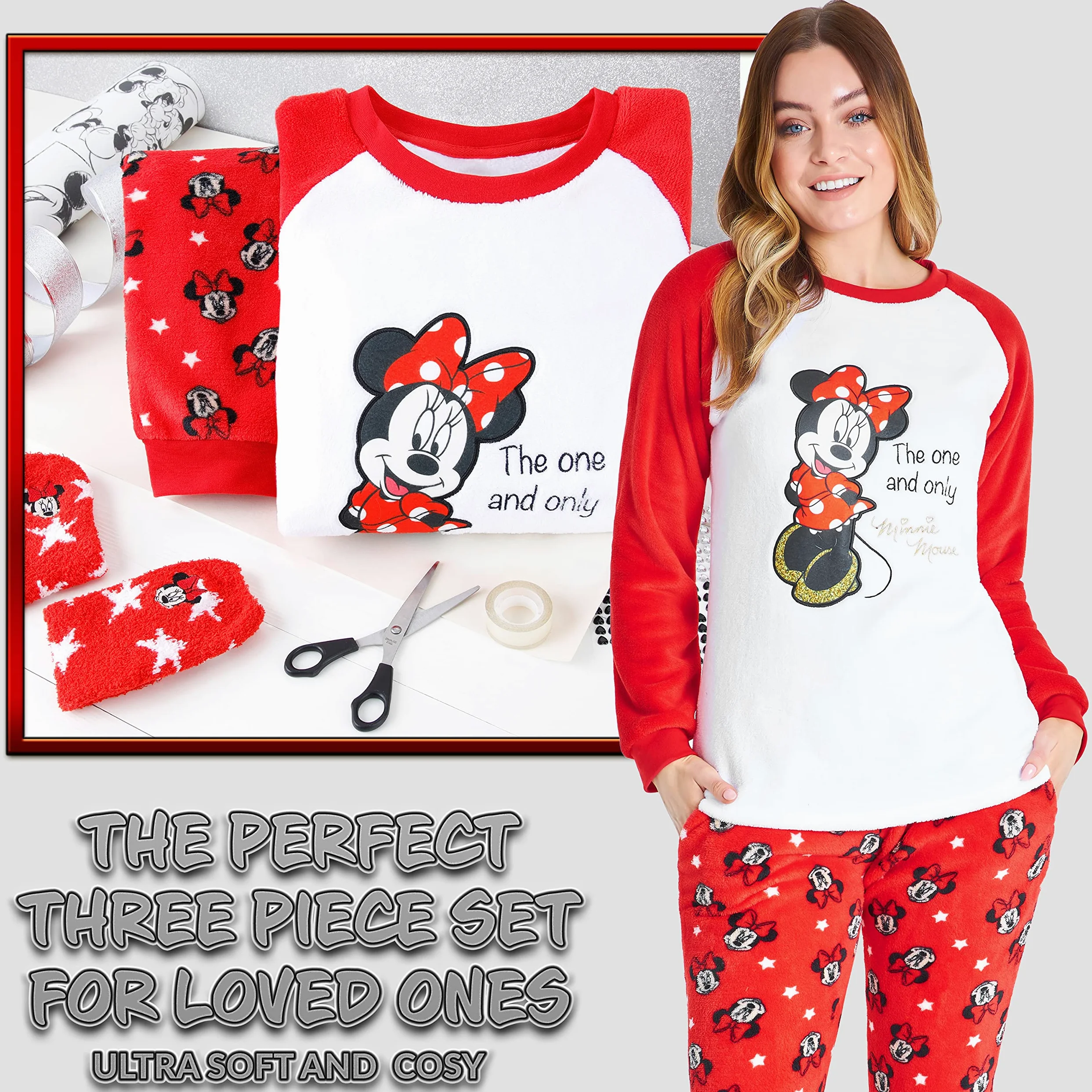 Disney Pijama Mujer Invierno de Polar con Calcetines Stitch Mickey Minnie Baby Yoda (Blanco/Rojo Minnie, L), 8691
