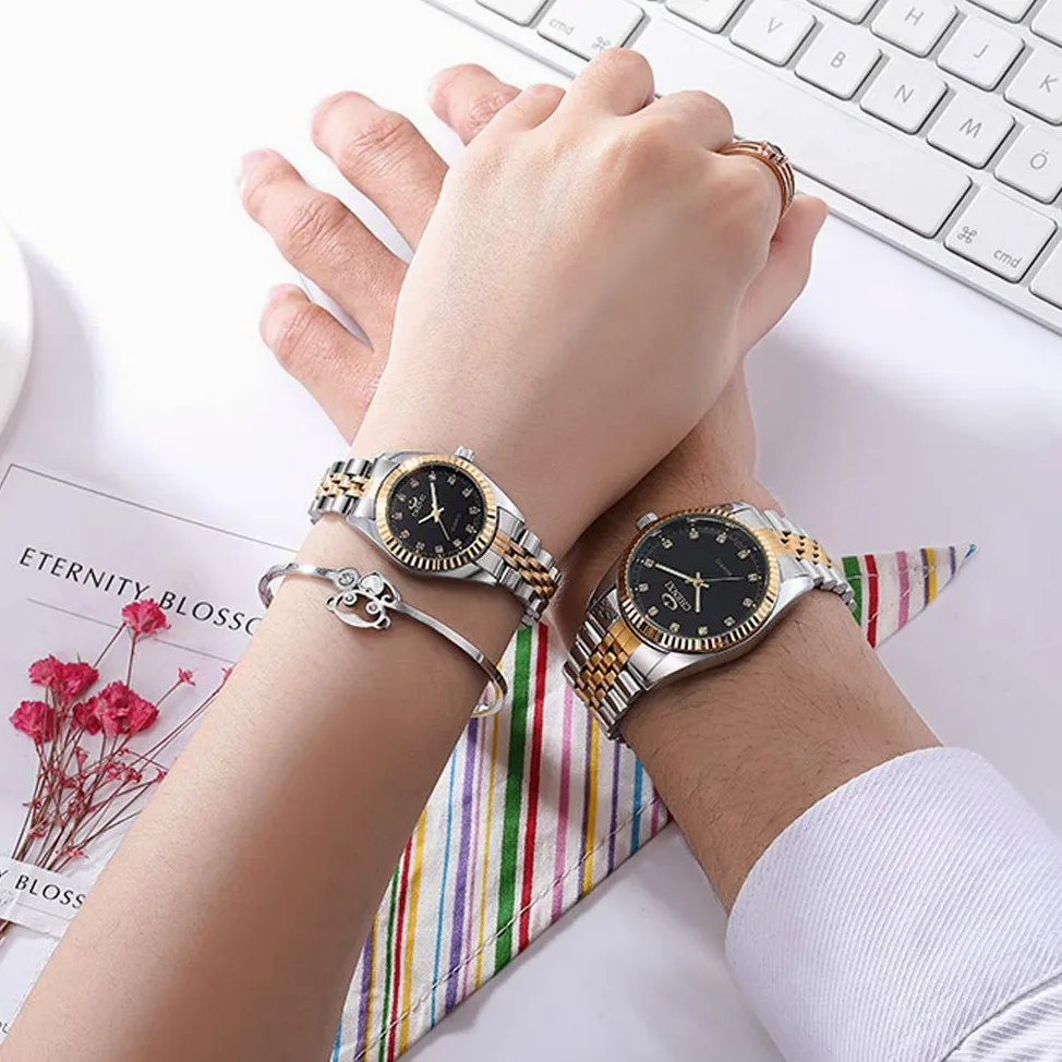 JewelryWe Reloj analógico de Cuarzo con Calendario, 30 m de Pulsera de Acero Inoxidable para Hombre y Mujer, Reloj de Pulsera de Diamantes de imitación