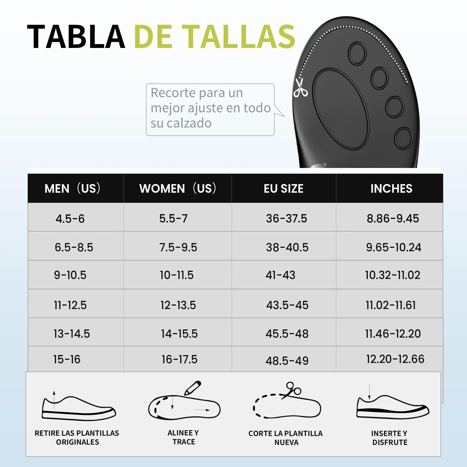 Plantillas para Fascitis Plantar con Soporte de Arco Rígido Alto, Insertos Ortopédicos para Pies Planos M:44-46