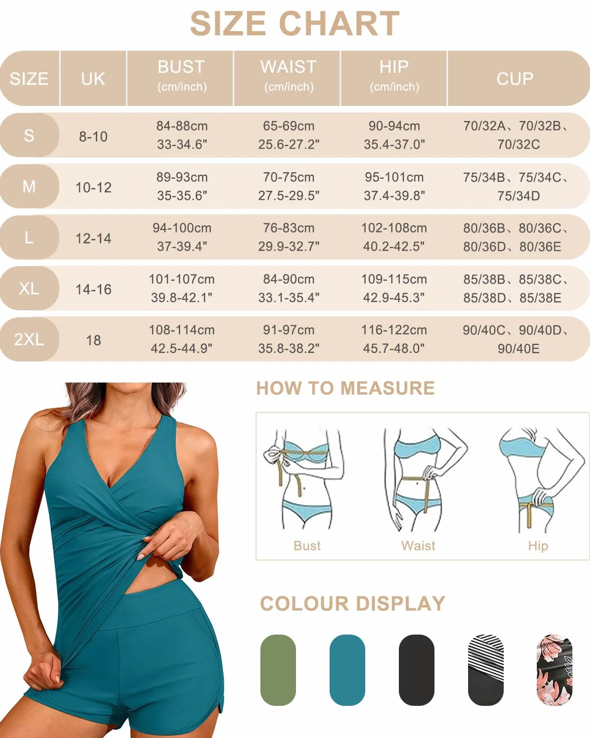 CheChury Tankini Mujer 2 Piezas Traje de Baño Reductor Vientre Plano con Aros Push Up Cuello V Cintura Alta