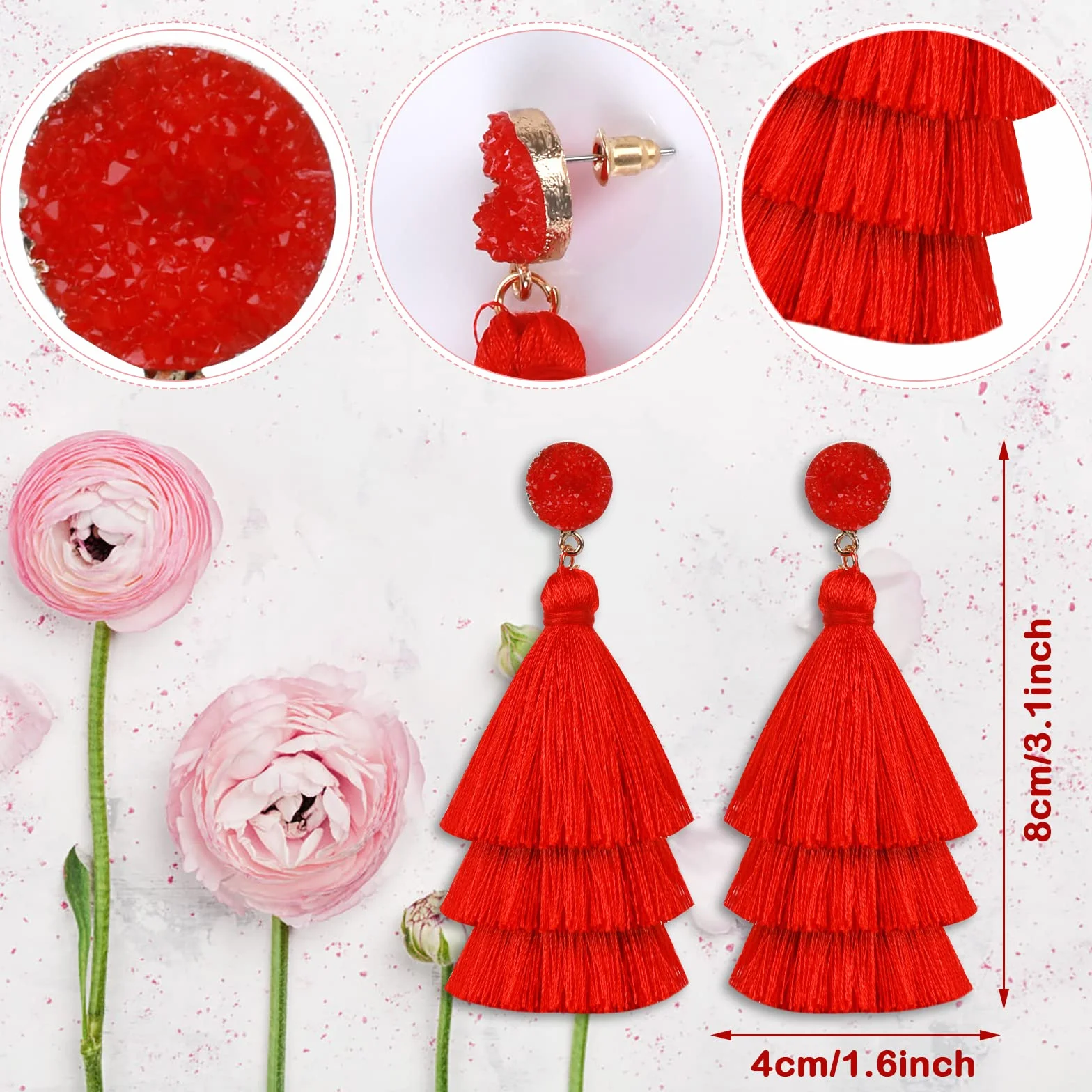 Pendientes Bohemios Borla Capas Colgantes Boho Hilo Rojo Mujer