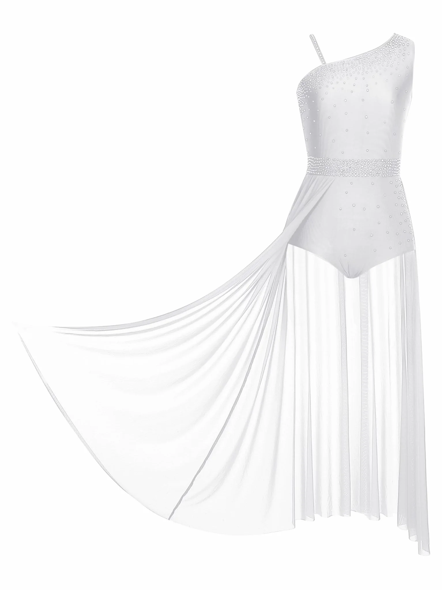 Vestido de danza asimétrico con diamantes de imitación, leotardo para patinaje artístico y danza contemporánea