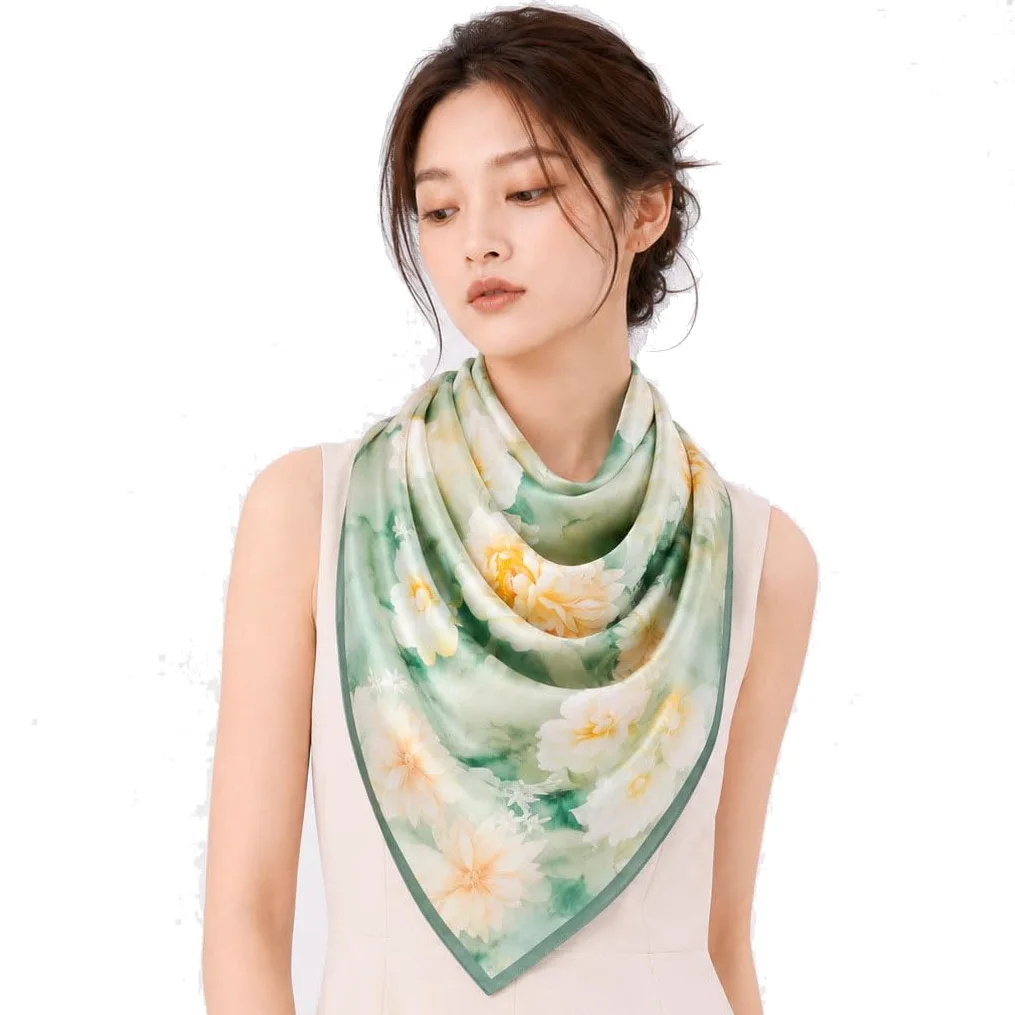 Pañuelo cuadrado mujer 100% seda de morera estampado, 88 x 88 cm | Pañuelo para pelo, cabeza y cuello, top bandeau, fajín y chal