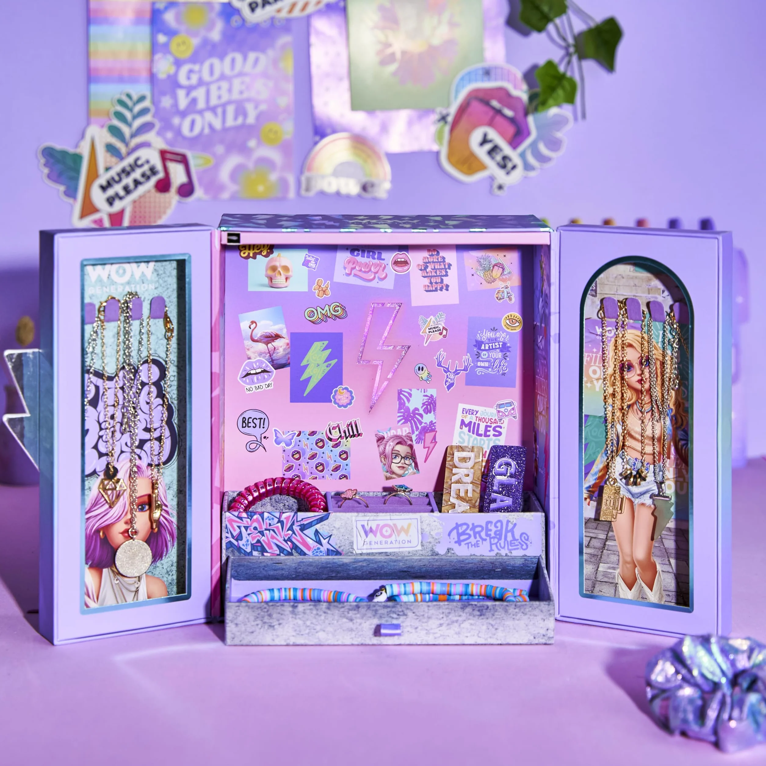 WOW GENERATION Joyero Infantil con Luces LED Organizador Bisutería Compartimentos Colgadores Base Felpa
