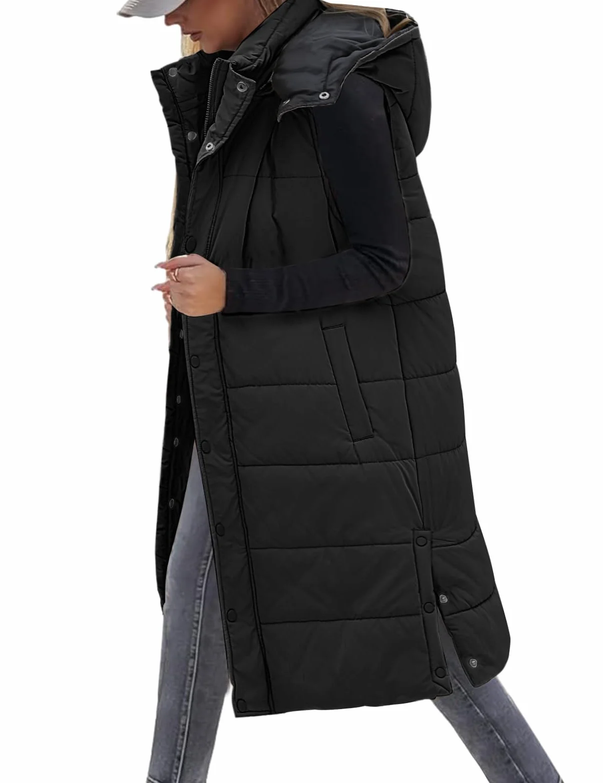 Tuopuda Chaleco Largo para Mujer de Capucha con Cremallera Chaleco Acolchado de Plumas Chaqueta de Invierno sin Mangas Abrigo de Cálidos on Bolsillos