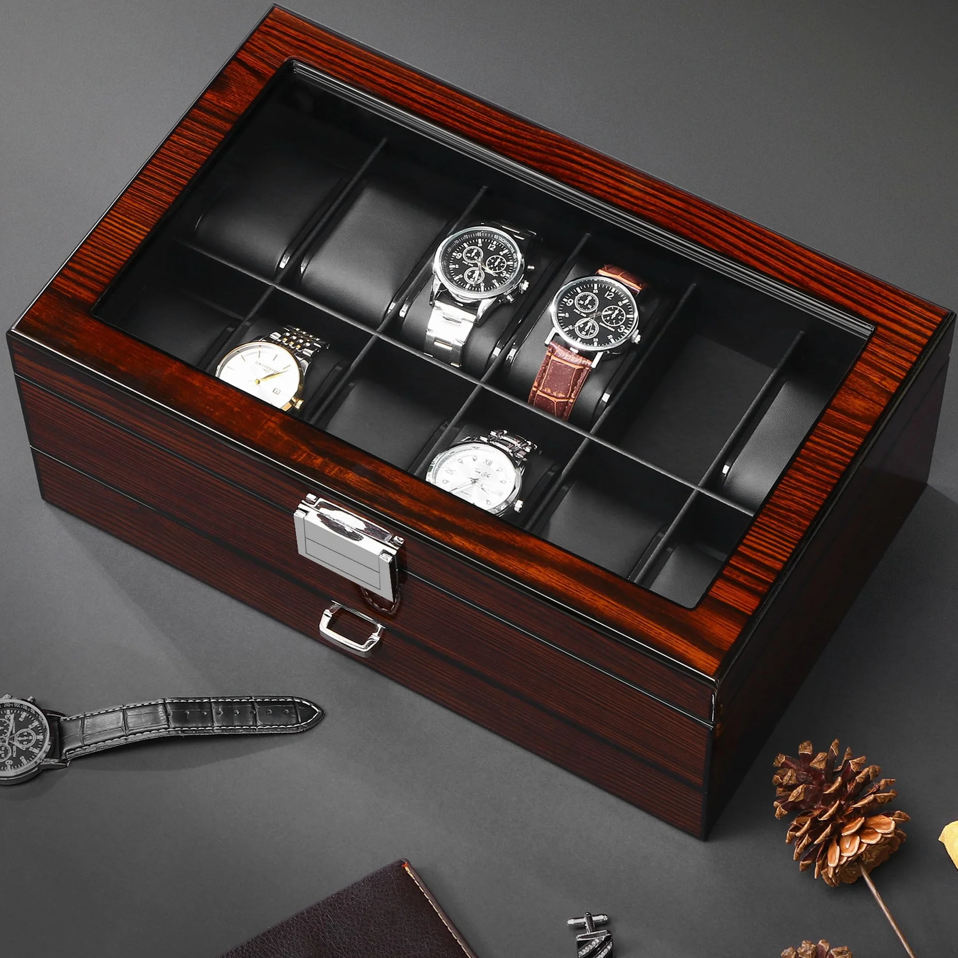 BEWISHOME Caja para 12 relojes de lujo con tapa de cristal y bisagra de metal, marrón