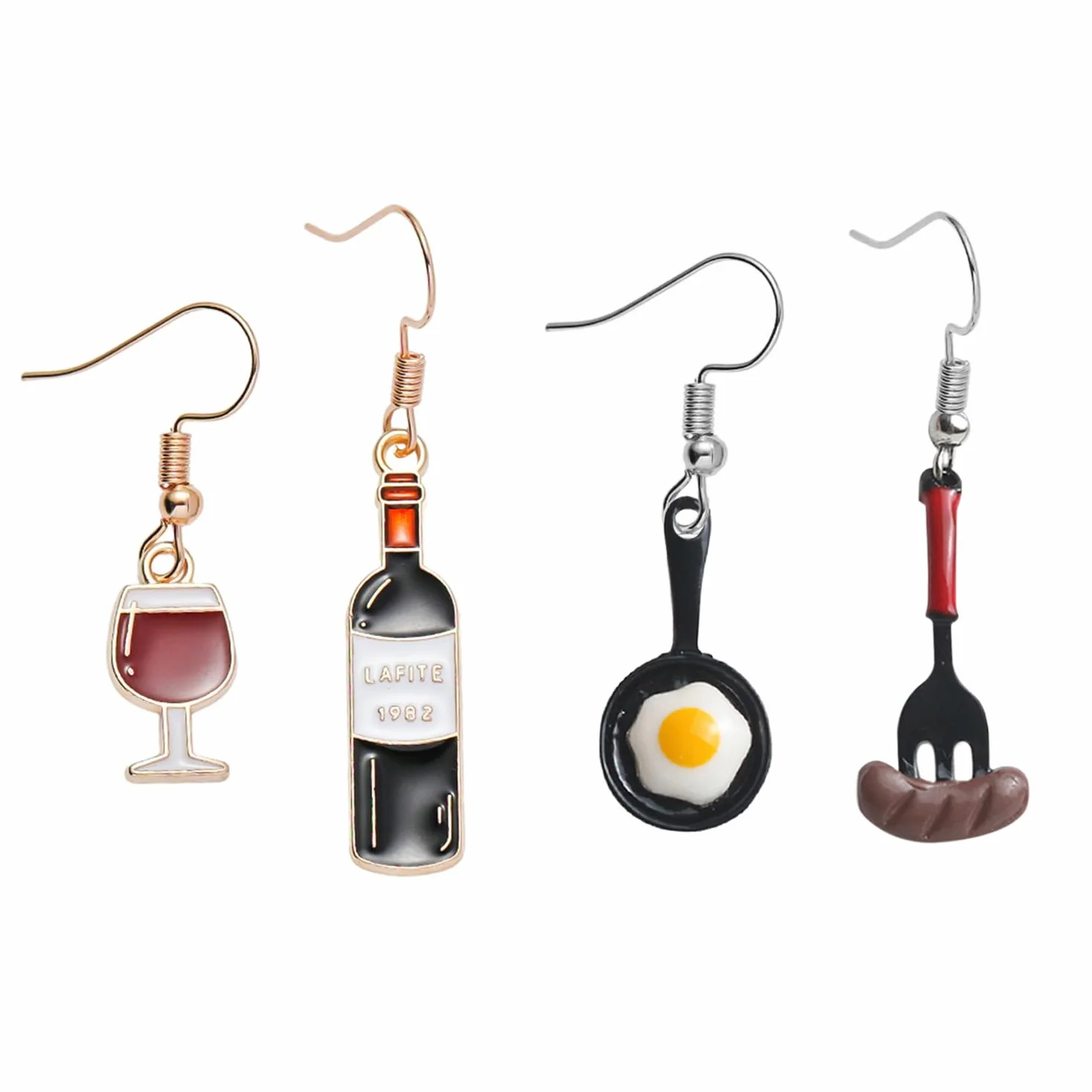 Aretes de Copa de Vino Tinto y Salchicha de Huevo Frito, Creativos de Personalidad