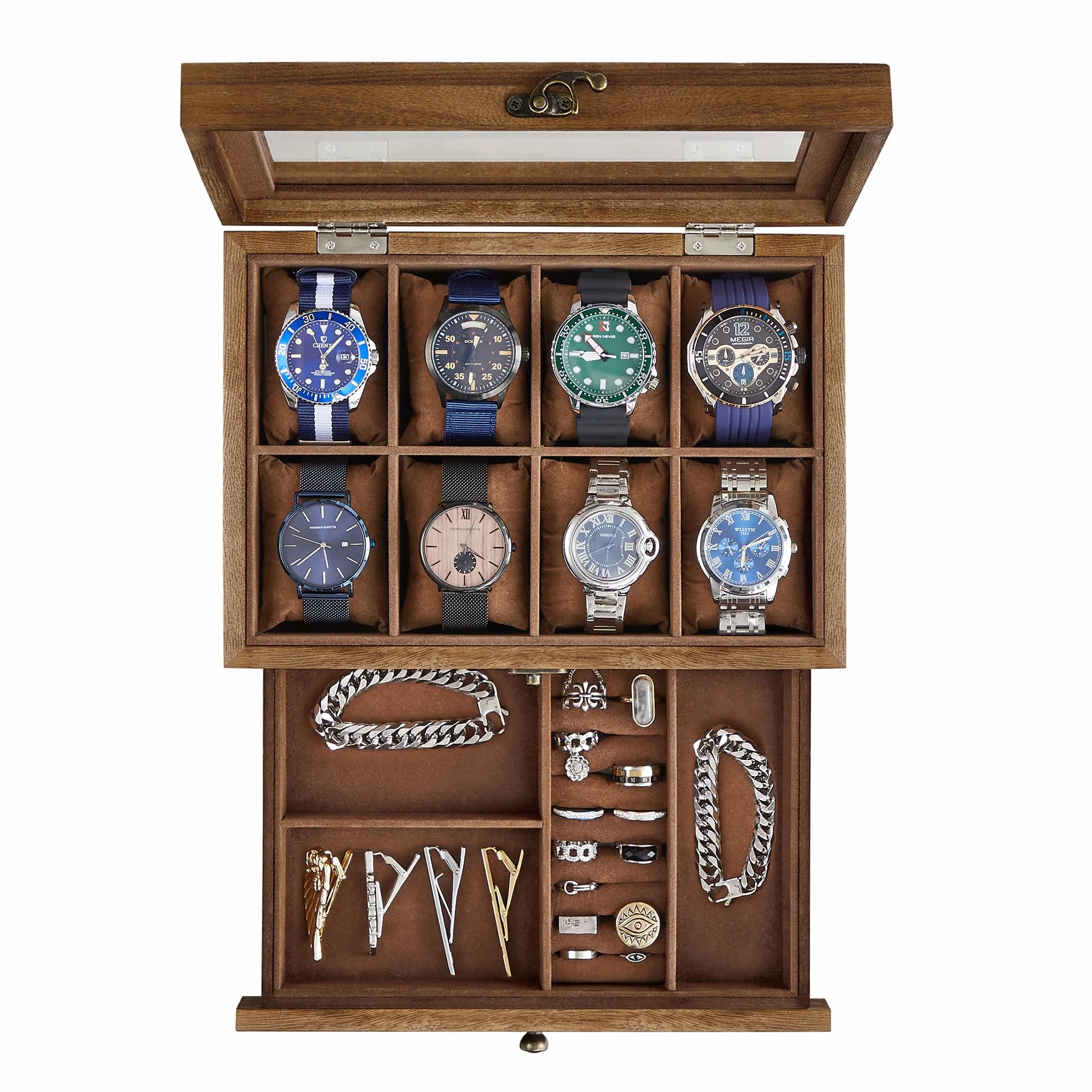 SONGMICS GISELLA Caja de Relojes 8 Ranuras Estuche Madera 2 Niveles Tapa Cristal Nogal Rústico