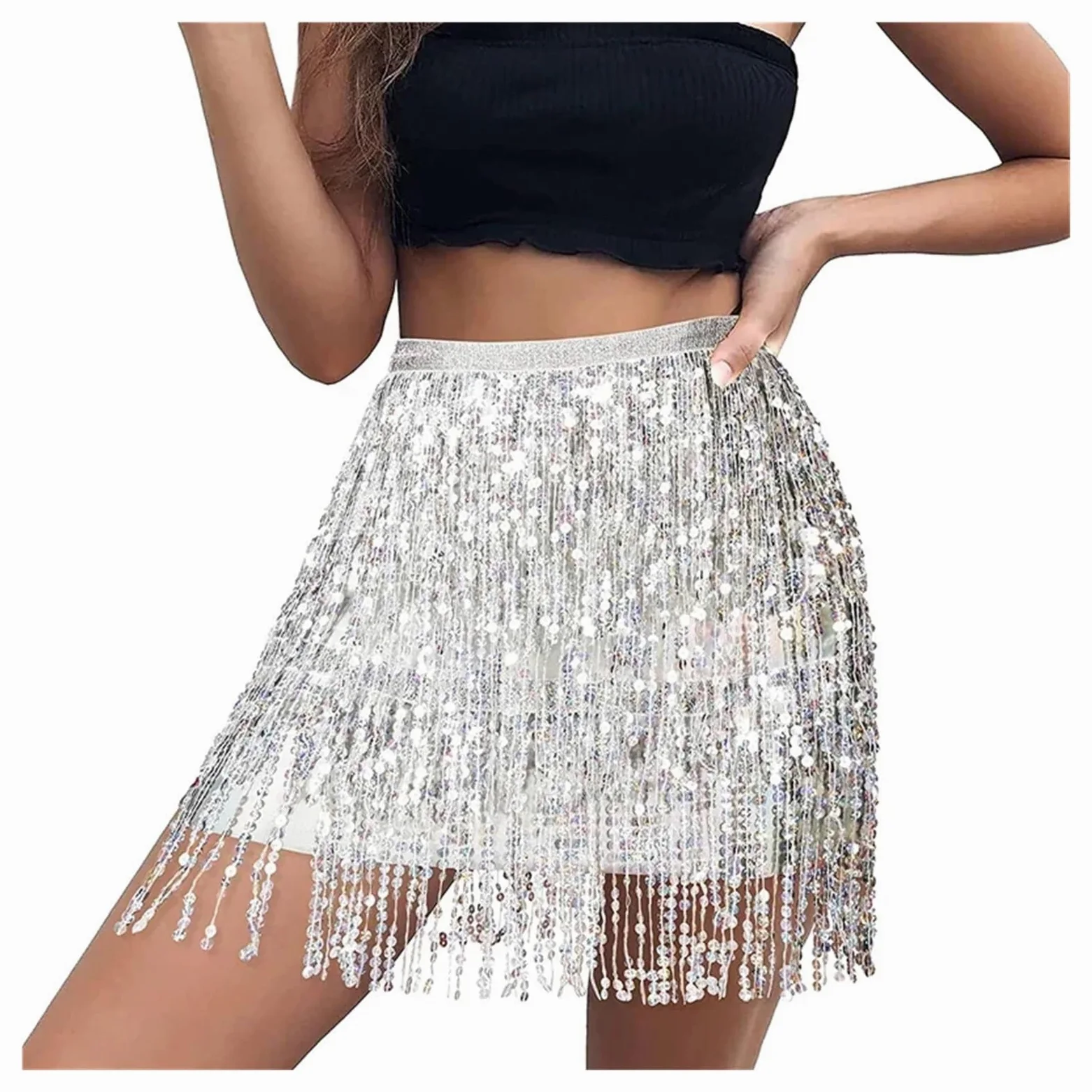 Falda Lentejuelas Falda con Flecos y Lentejuelas for Mujer, Minifalda con Cintura elástica y Purpurina for Fiesta Rave de Baile, Negro/Plata/Dorado/Rojo(Black,M)