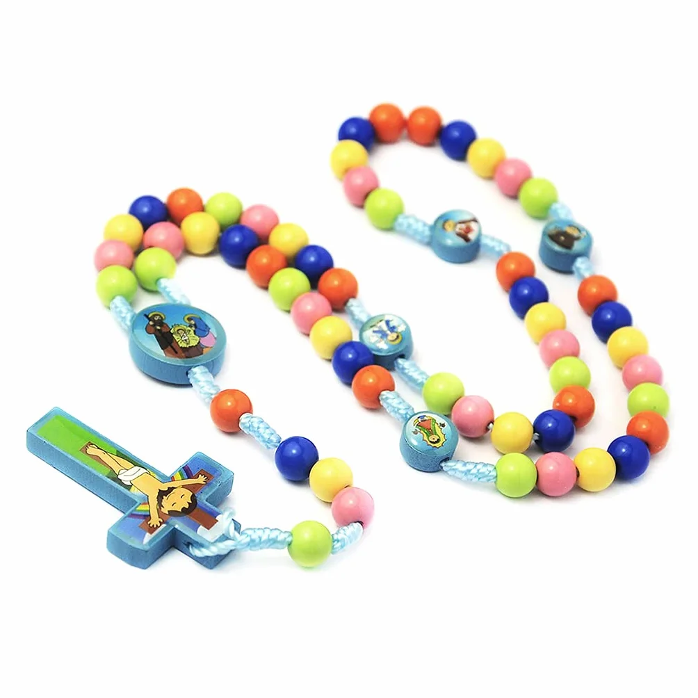 Kimu Collar de rosario con colgante de cruz de Jesús, joyería religiosa para niños y niñas, 8mm, Madera, Perla