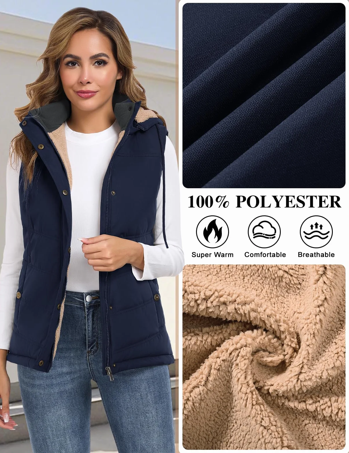 Chaleco Mujer Invierno Térmico Acolchado Chaqueta sin Mangas Forro Polar con Capucha Bolsillos