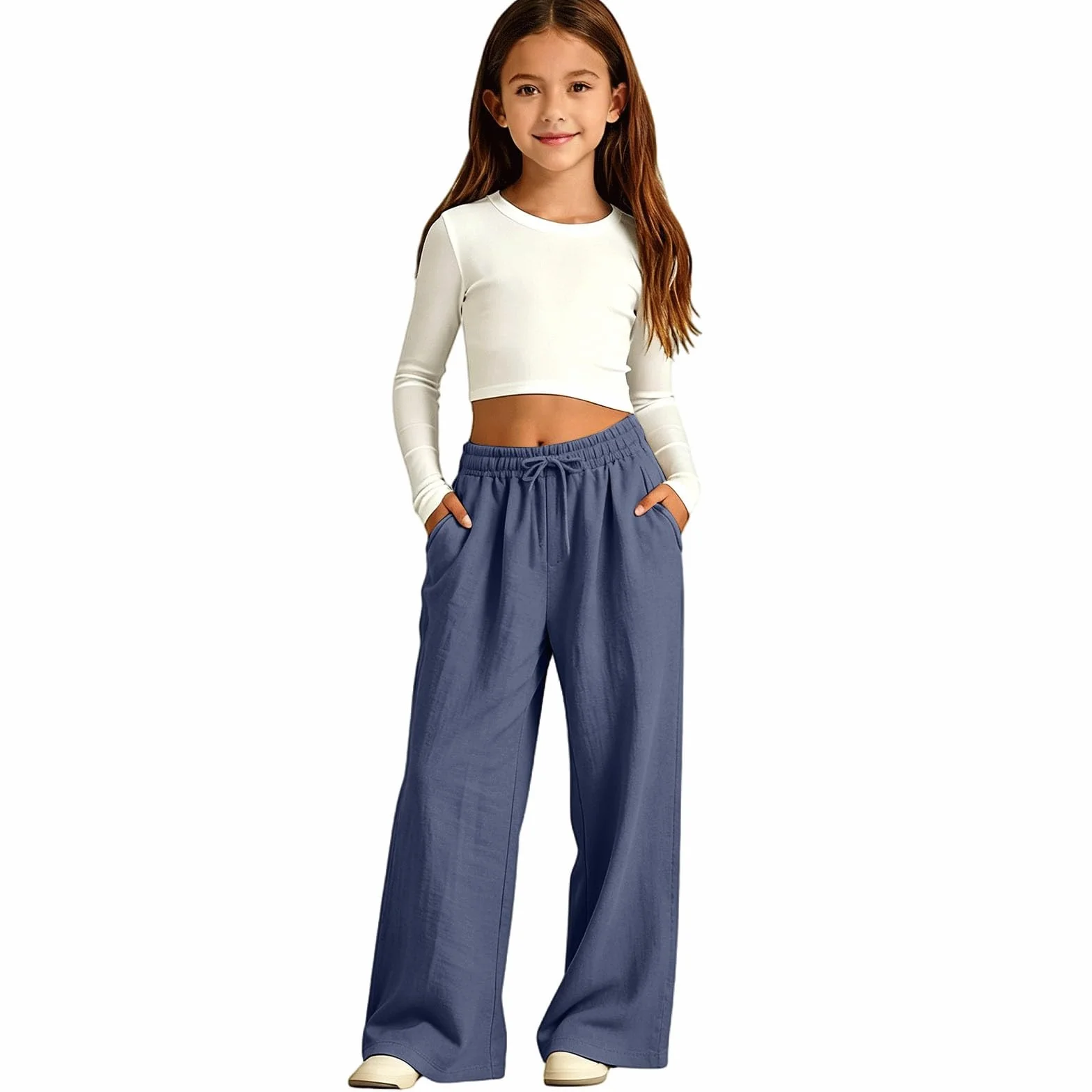 Pantalones de Verano Niña Casuales Largos Elásticos con Bolsillos Algodón y Lino Holgados Pierna Ancha para Adolescentes