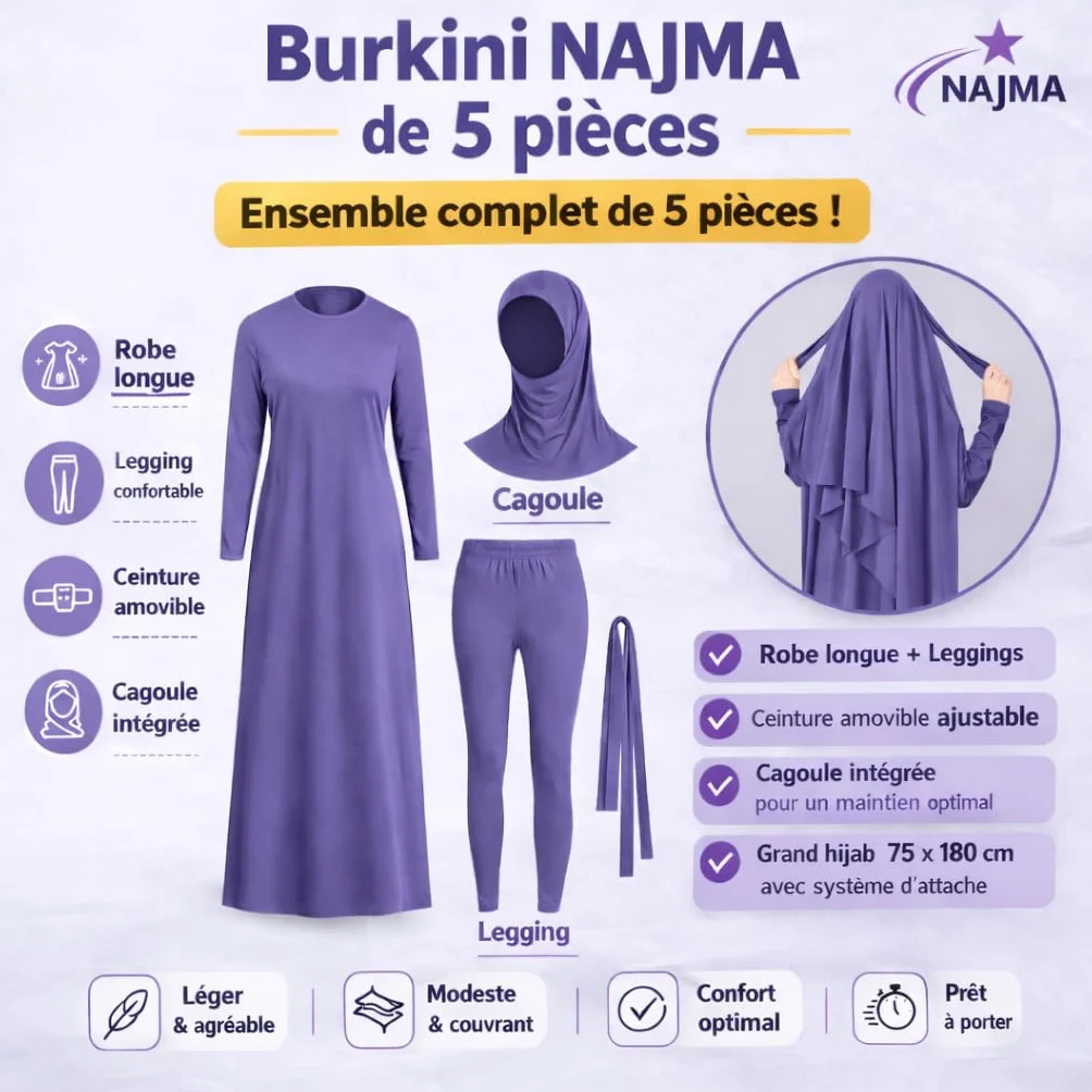 Burkini para Mujeres Musulmanas de 5 Piezas - Hiyab Legalizado - Traje de Baño Completo Secado Rápido
