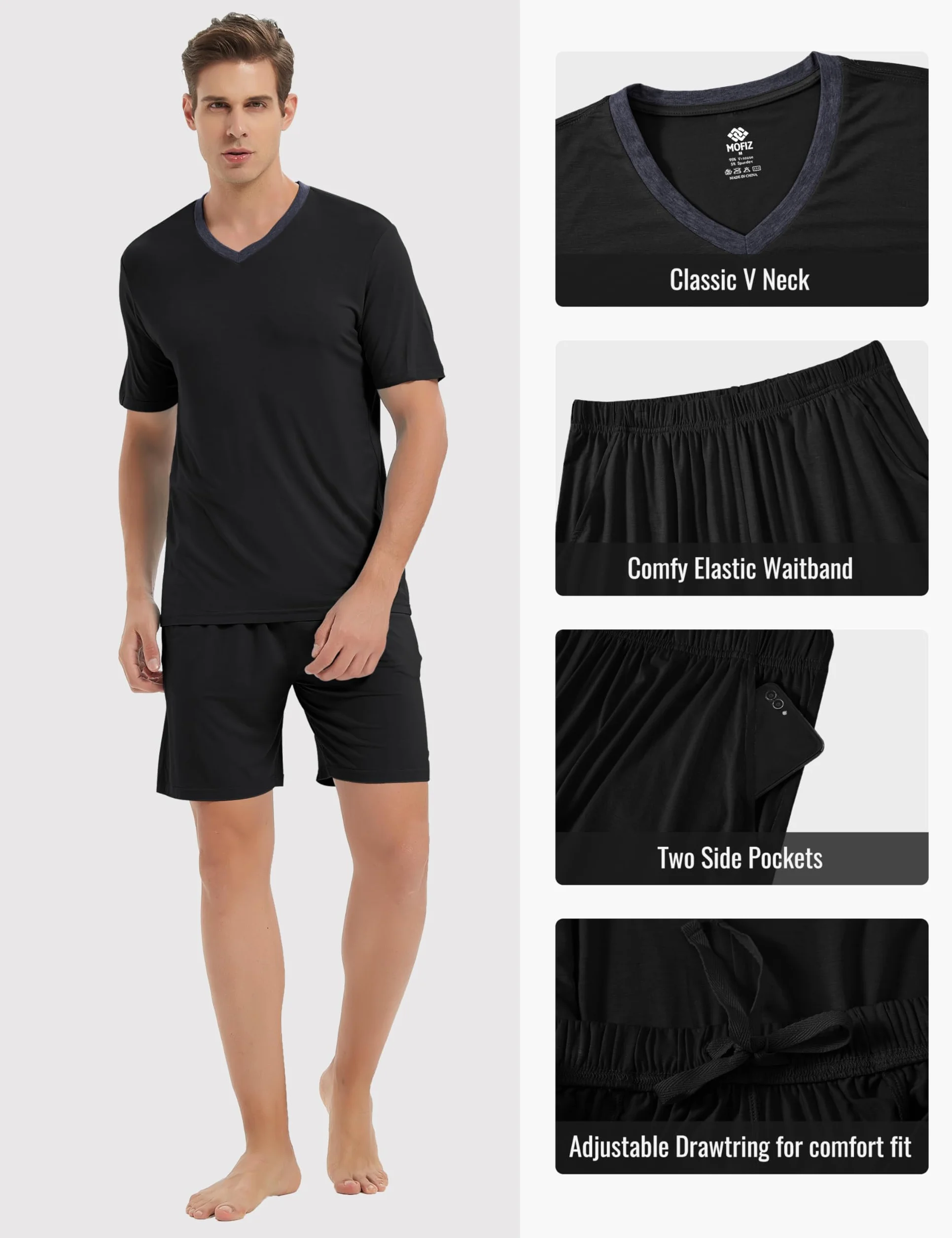 MoFiz Pijamas Corto Hombre Verano Clásico Cuello V Camisetas Pantalon Pijama Manga Corta Ropa de Dormir Bolsillos