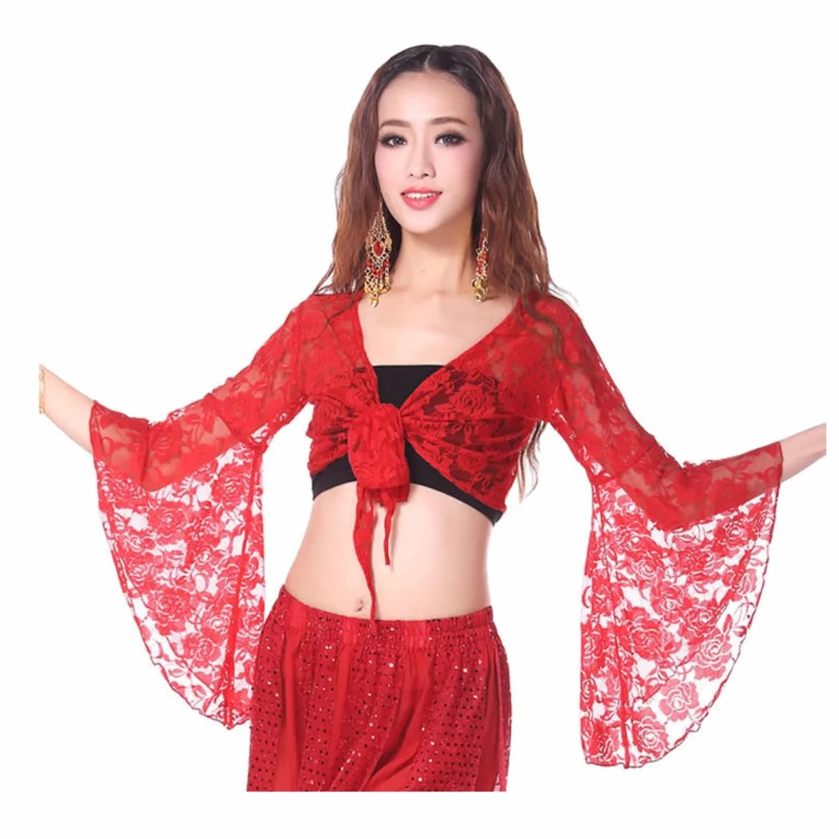 Top de danza del vientre para mujer, top envolvente manga 3/4 acampanada, corto con chal floral y nudo