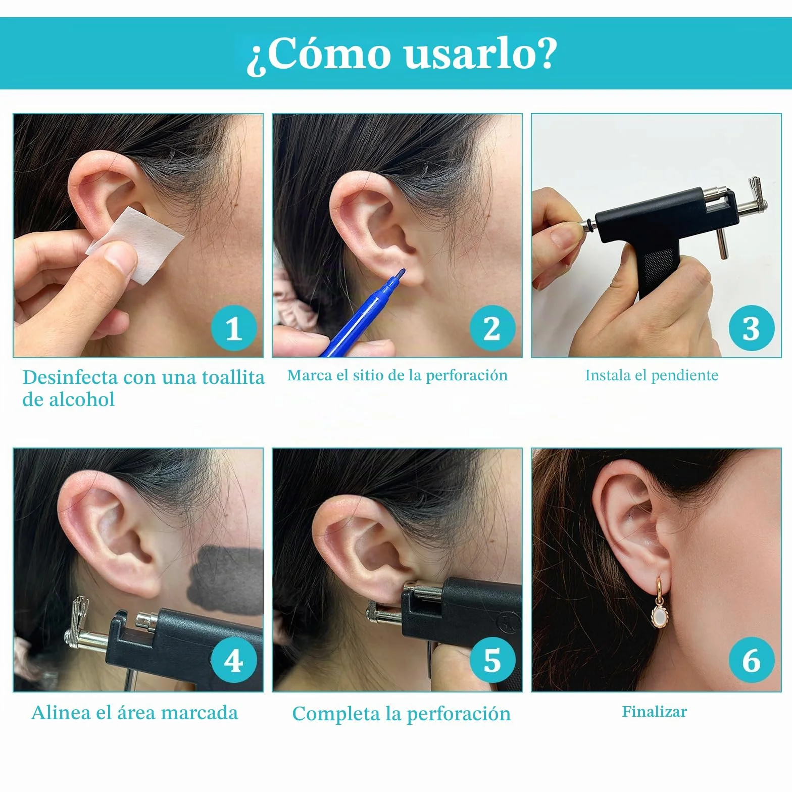 Pistola de Pendientes de Acero Inoxidable con 98 Perforadoras, 12 Pendientes, 20 Algodón Alcohol, Piercing para Labios Ombligo Nariz Cuerpo