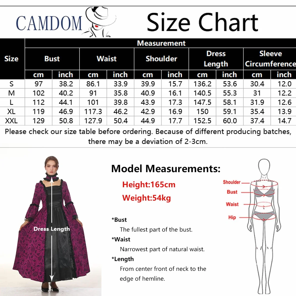 CAMDOM Vestido de Fiesta Victoriano Mujer Retro Medieval Palacio Largo Cuello Cuadrado Satén Elegante Mangas Acampanadas Disfraz Vintage Cosplay