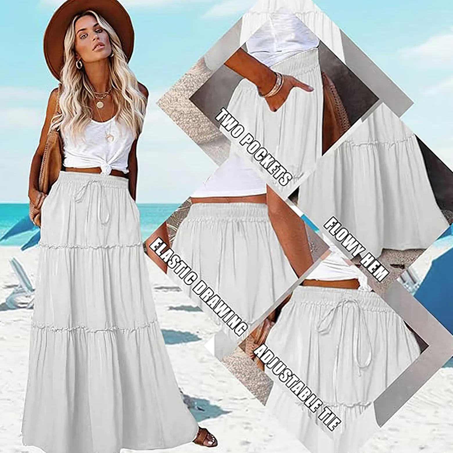Falda Mujer Maxi Elástico de Cintura Alta Flowy Faldas Largas Casual