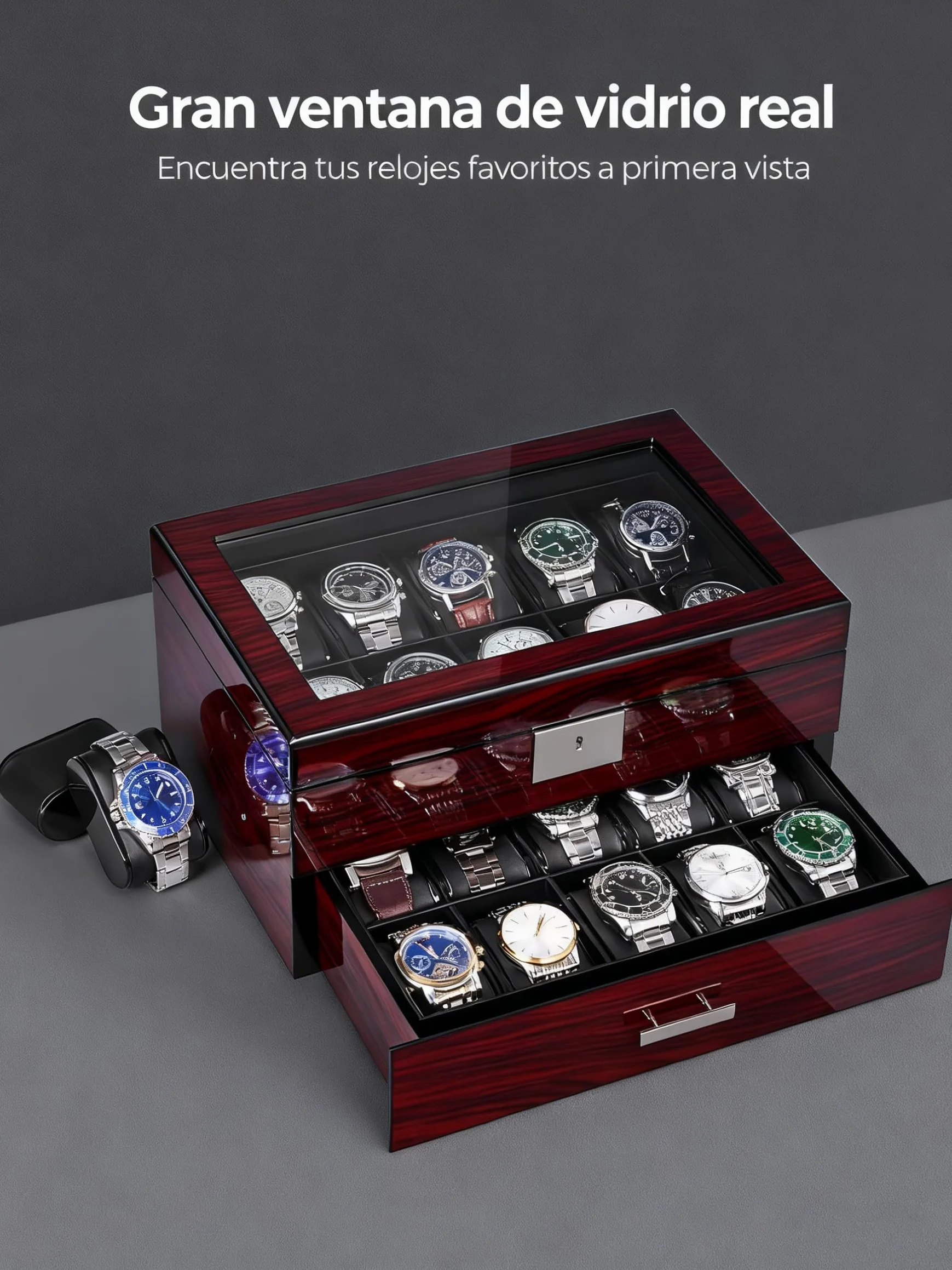 ANWBROAD Caja para Relojes 20 Compartimentos Con Cerradura Vitrina 2 Niveles JWB002Y