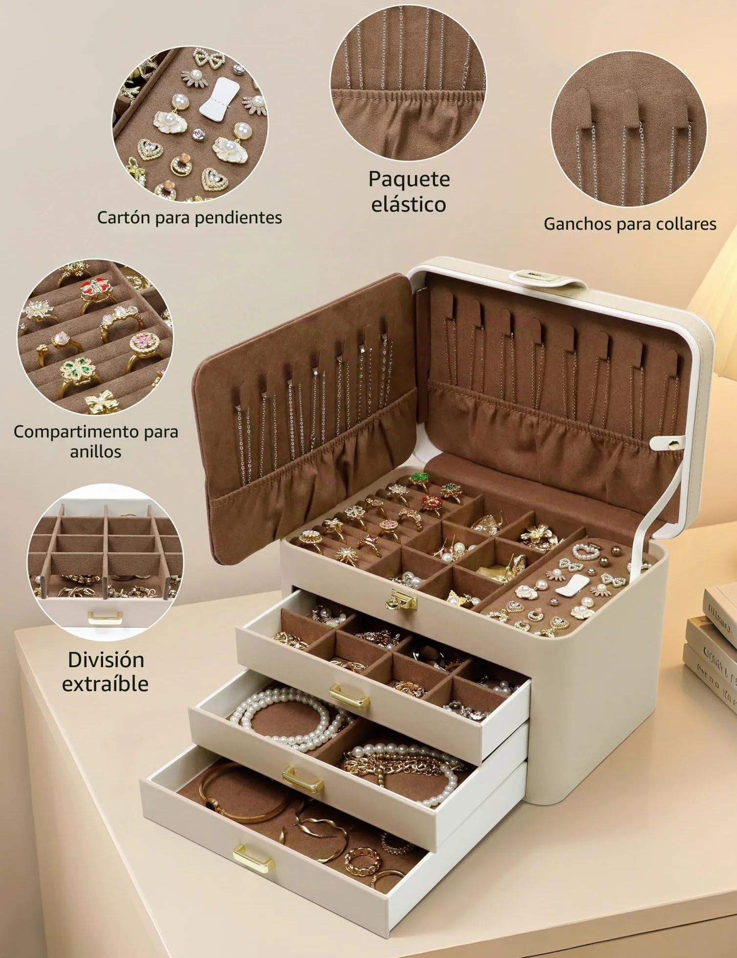 KAMIER Joyero Grande de 4 Niveles, Caja de Joyas con Espejo, Cajones y Cerradura, Piel Sintética, Beige