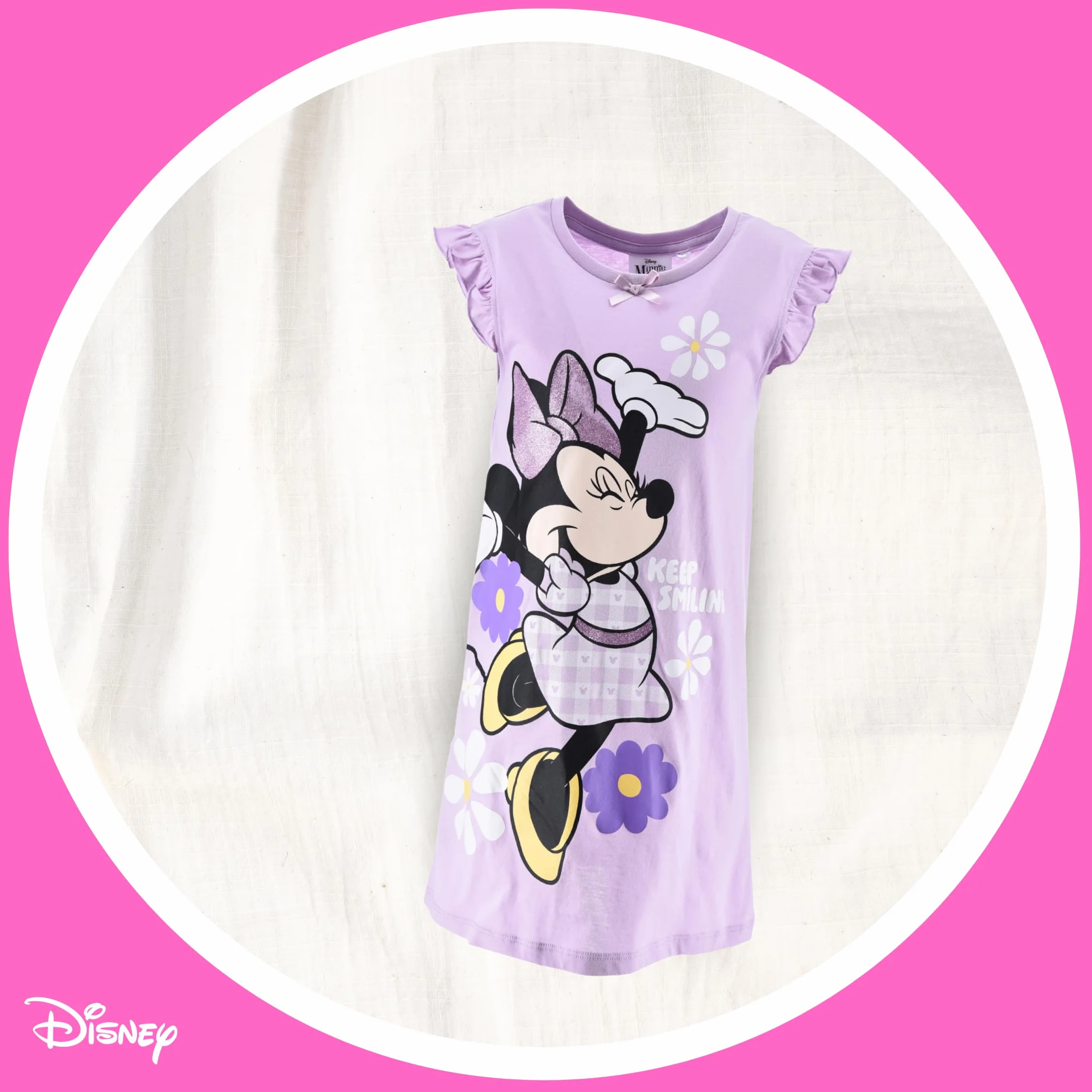 Disney Minnie Mouse Camison Algodon Suave Gingham Vestido Manga Corta para Niña Tallas 3-8 Años