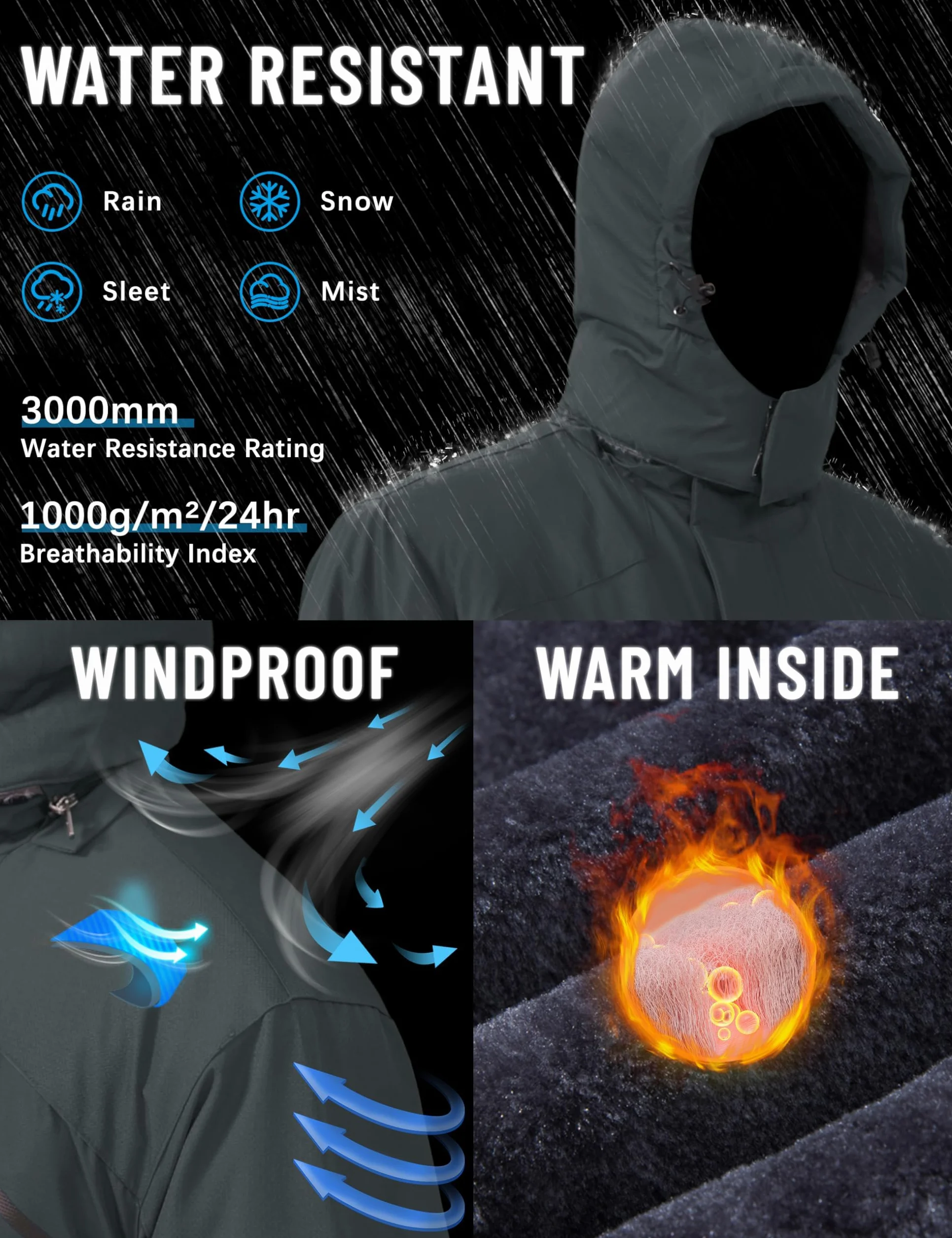 TACVASEN Impermeable Chaqueta de montaña vellón Hombres Esquí Caliente Multi-Bolsillos