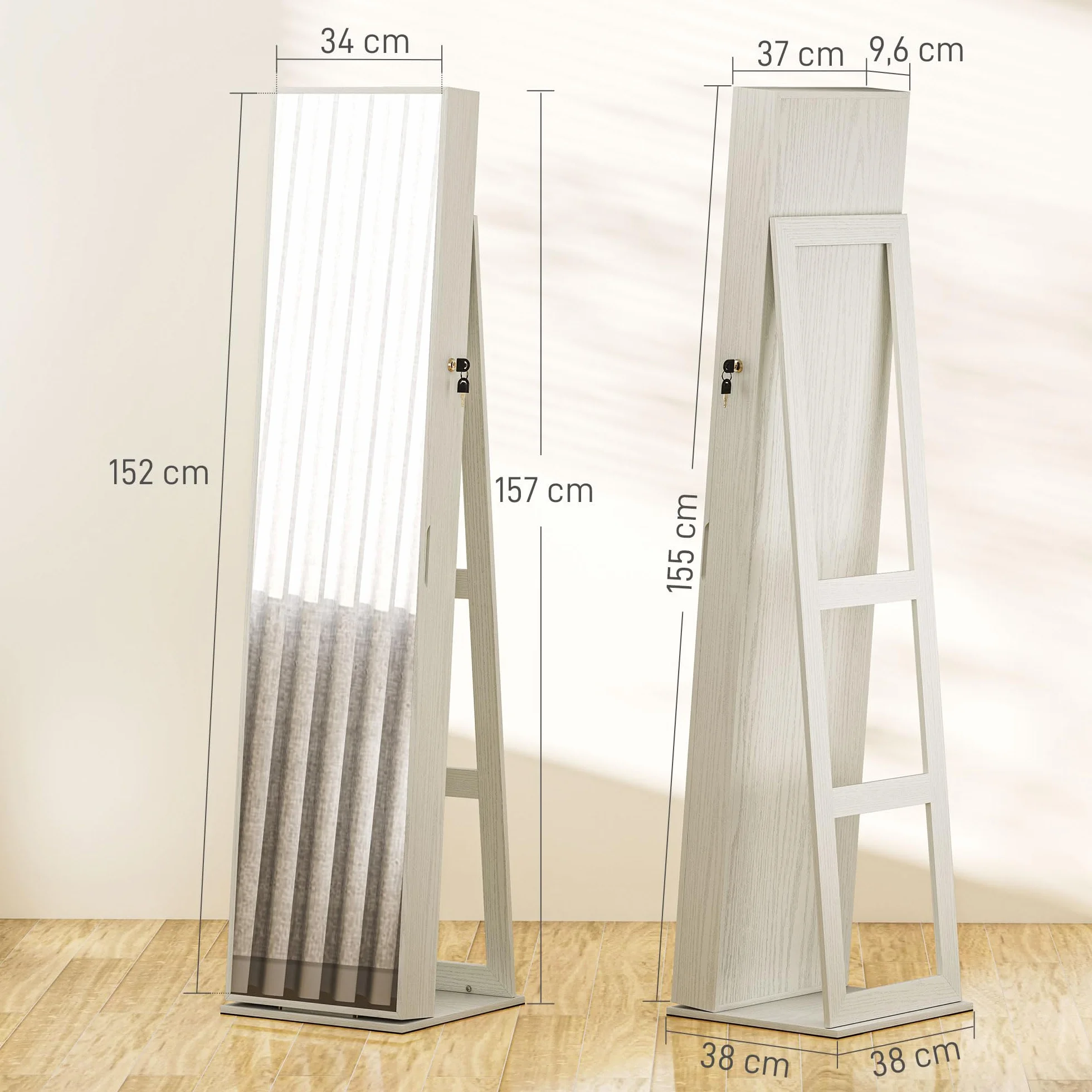 HOMCOM Espejo Joyero de Pie con Luces LED y Cerradura Armario de Joyas Blanco Veta Madera