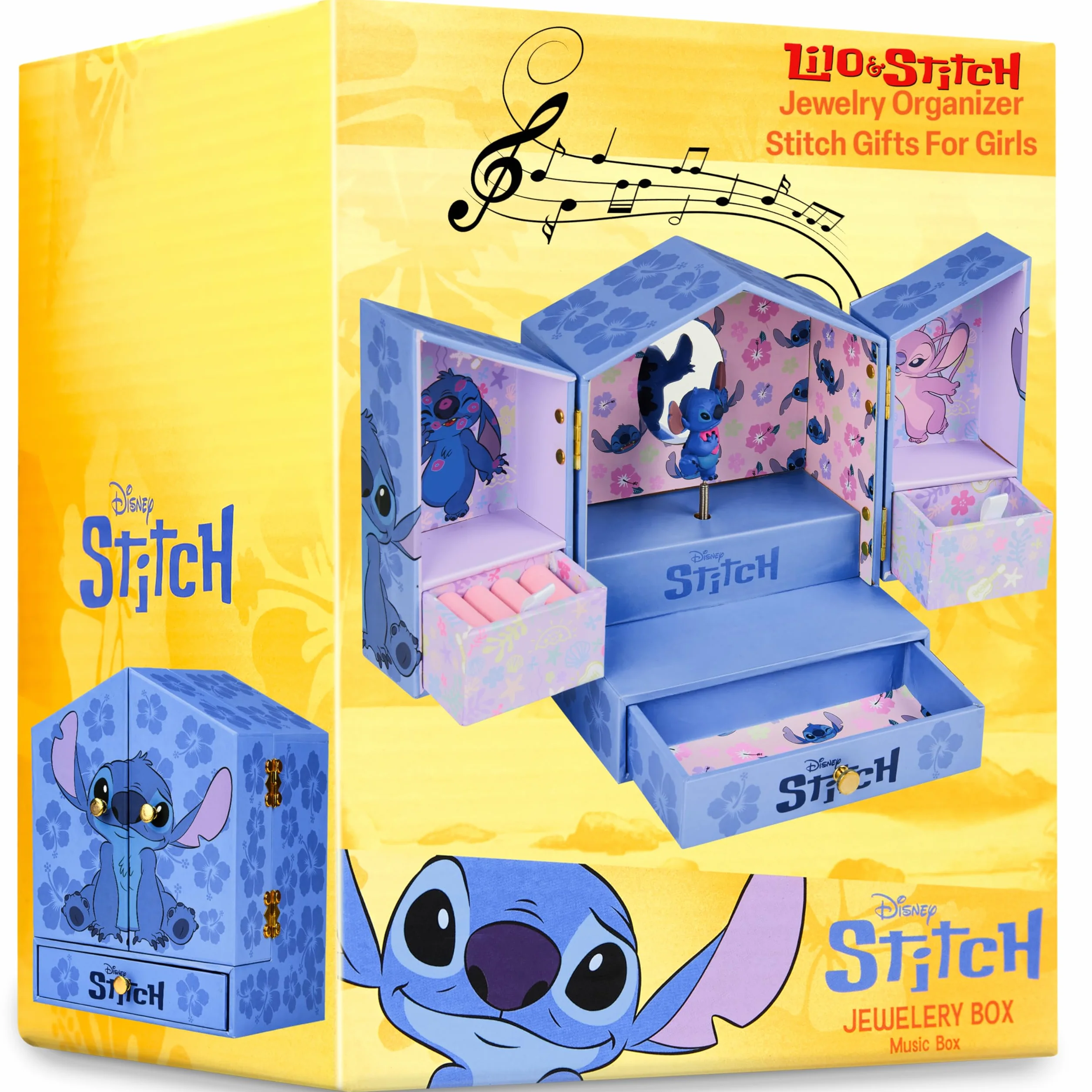 Disney Stitch Joyero Musical Niña Caja Decorativa con Espejo y Cajones Azul