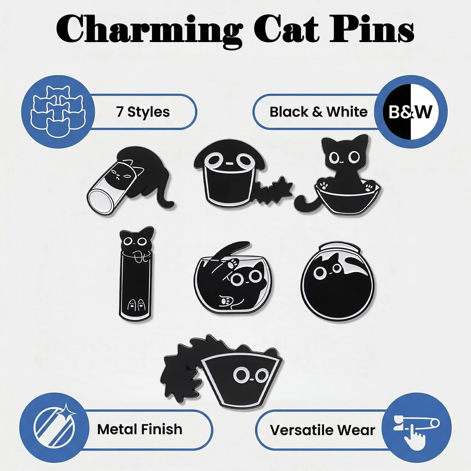 Broches Esmaltados Gato Negro Set 7 Pins para Mochila, Insignias de Esmalte Zinc