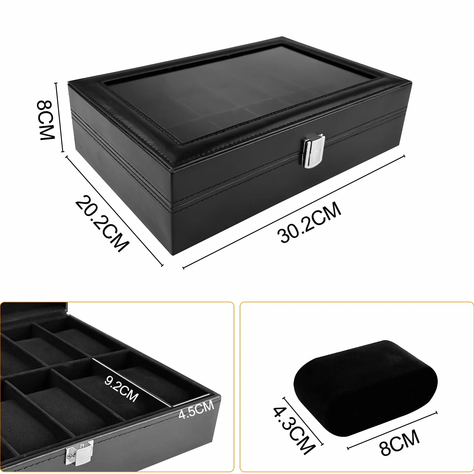 Caja de Relojes con 12 Compartimentos, Soporte de Exhibición con Tapa de Cristal, Almohadilla Extraíble