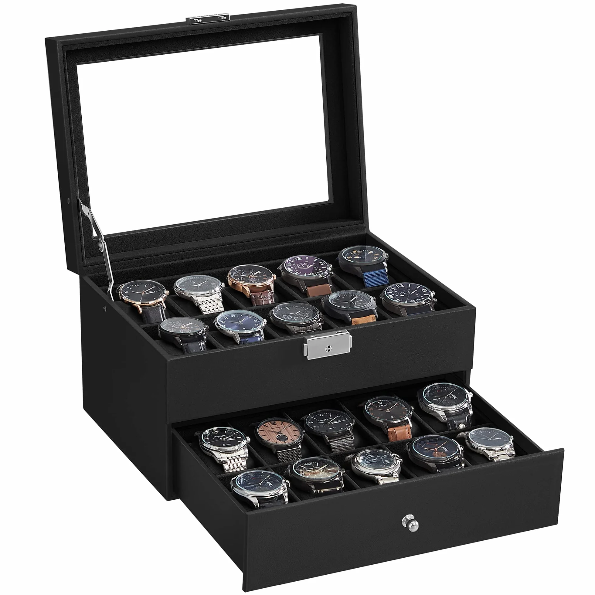SONGMICS Caja de Relojes 2 Niveles con Tapa de Cristal, Cerradura, Cuero Sintético Negro
