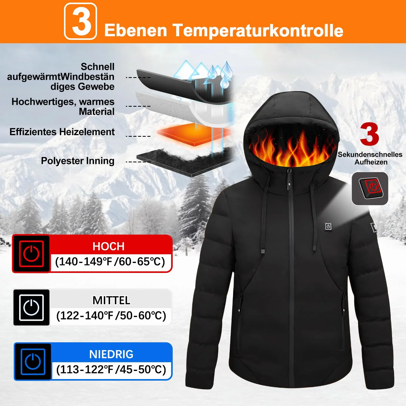 Chaqueta Calefactable con Capucha 3 Niveles de Calefacción Puerto USB Impermeable para Hombre Mujer Esquí Motocicleta