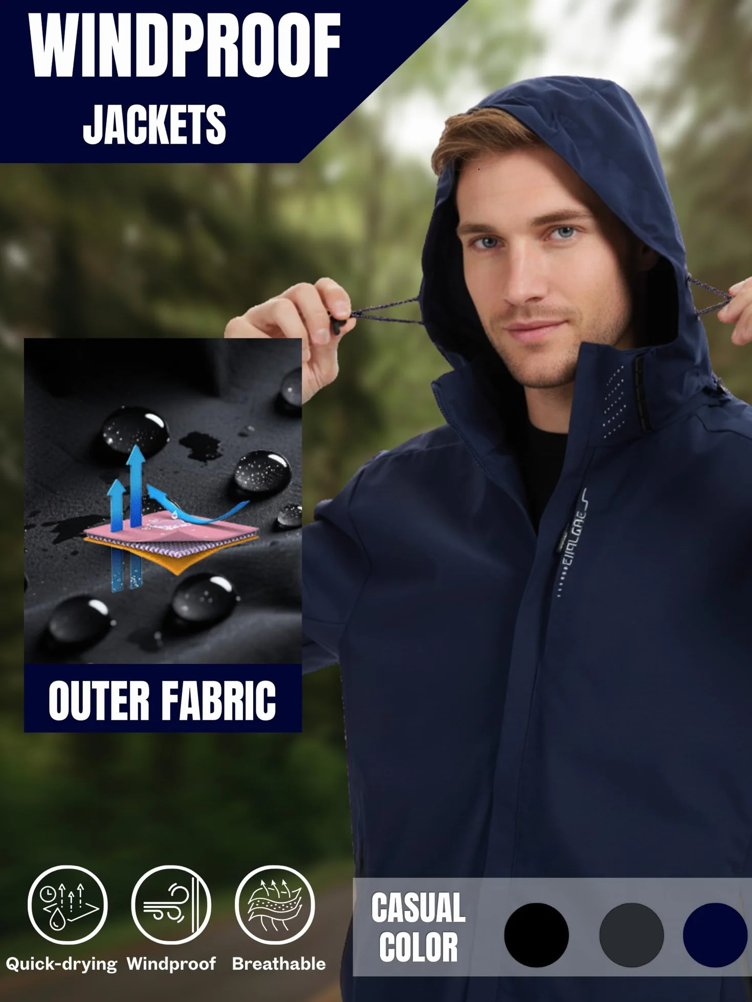 AMZSPORT Chaqueta Impermeable Cortavientos Ligera Plegable Transpirable para Senderismo Running Viajes