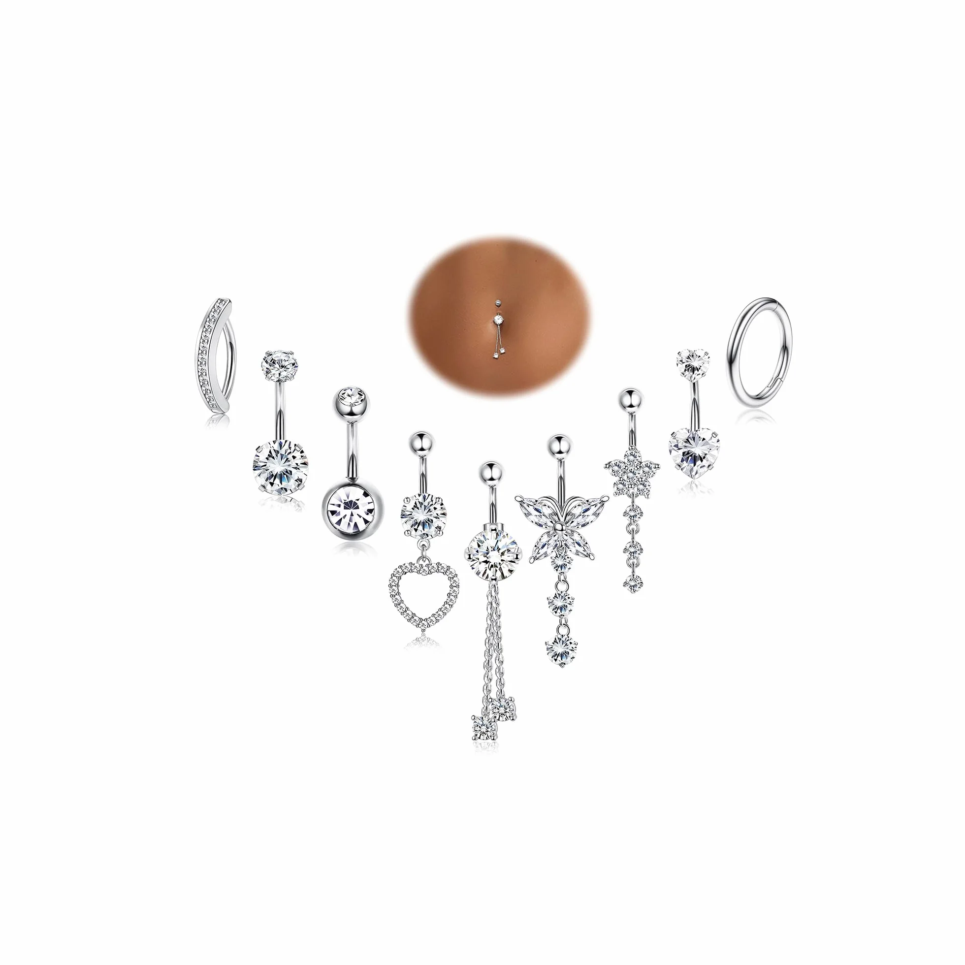 YADOCA 14G 9 Piezas Piercing Ombligo Acero Quirúrgico Plata/Oro CZ Clicker Colgante Anillo