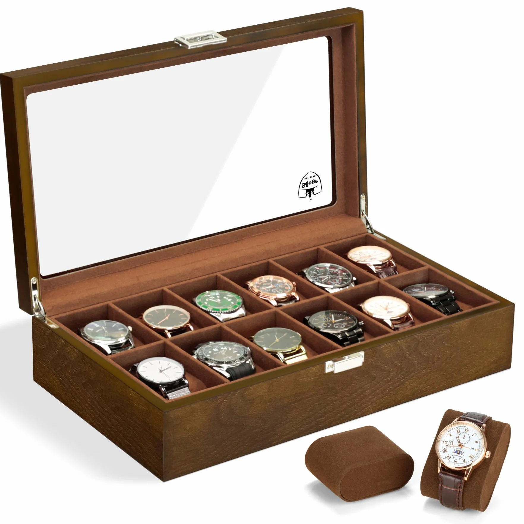 Caja de Relojes de Madera con 12 Ranuras, Estuche Relojero Organizador con Tapa de Cristal y Cojín Extraíble