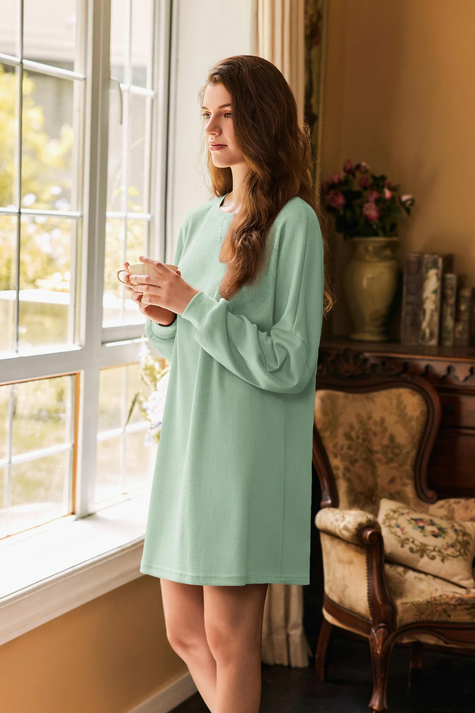 Ekouaer Camisones para mujer, camisas de dormir de manga larga, de punto gofre, vestido de dormir suave, ropa de dormir de gran tamaño