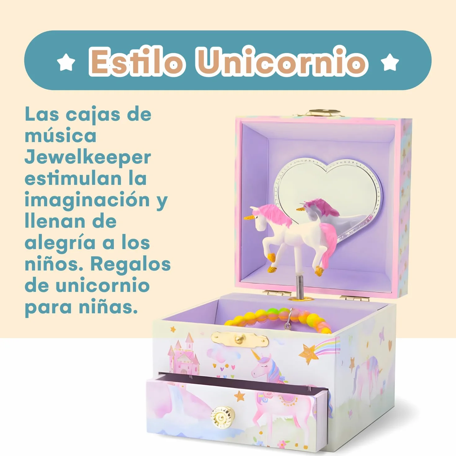 Jewelkeeper Joyeros Infantiles Cajón Musical Unicornio Arcoíris Brillante Cofre Tesoro Rosa 12 x 11 x 9 cm