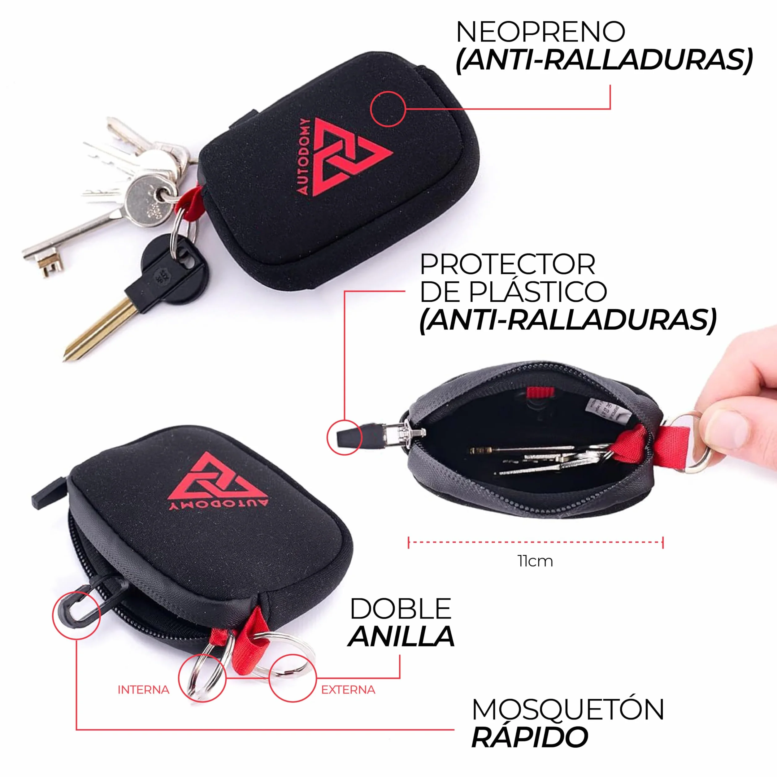 Autodomy Llavero para Moto Impermeable Neopreno Negro Rojo Porta Llaves con Anilla Mosquetón