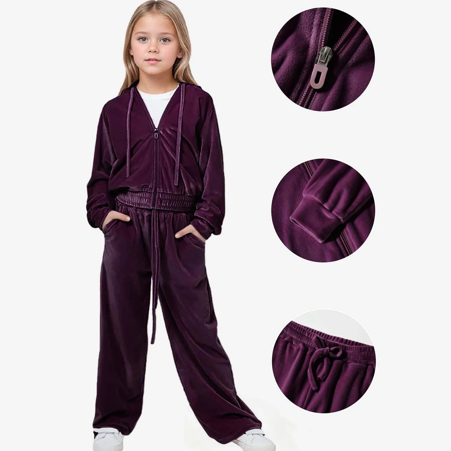 Genérico 2026 Chándal de terciopelo para niña, conjunto acogedor de otoño e invierno con sudadera con capucha y pantalones deportivos, ropa deportiva informal de dos piezas