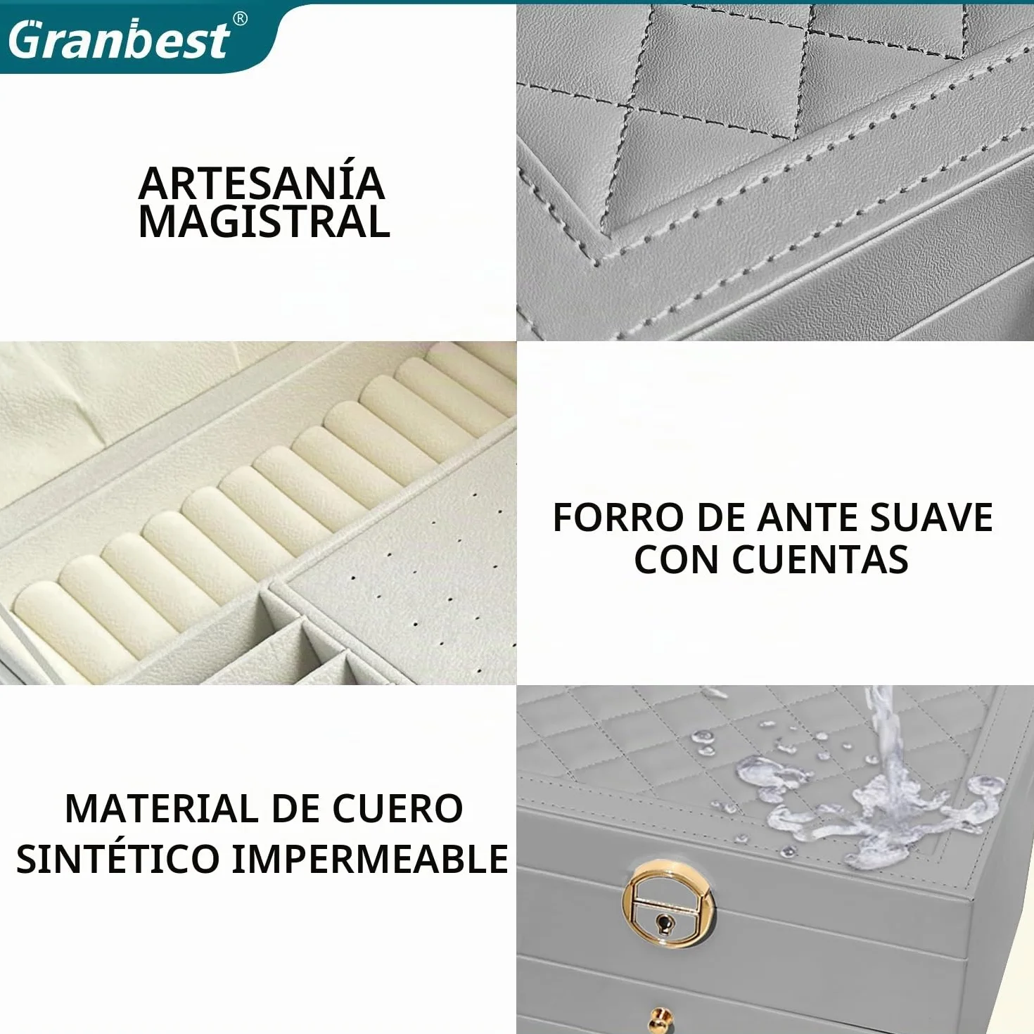 Granbest Joyero de 3 niveles con 2 cajones, caja de joyería de cuero para collares, pulseras, anillos y pendientes (gris)