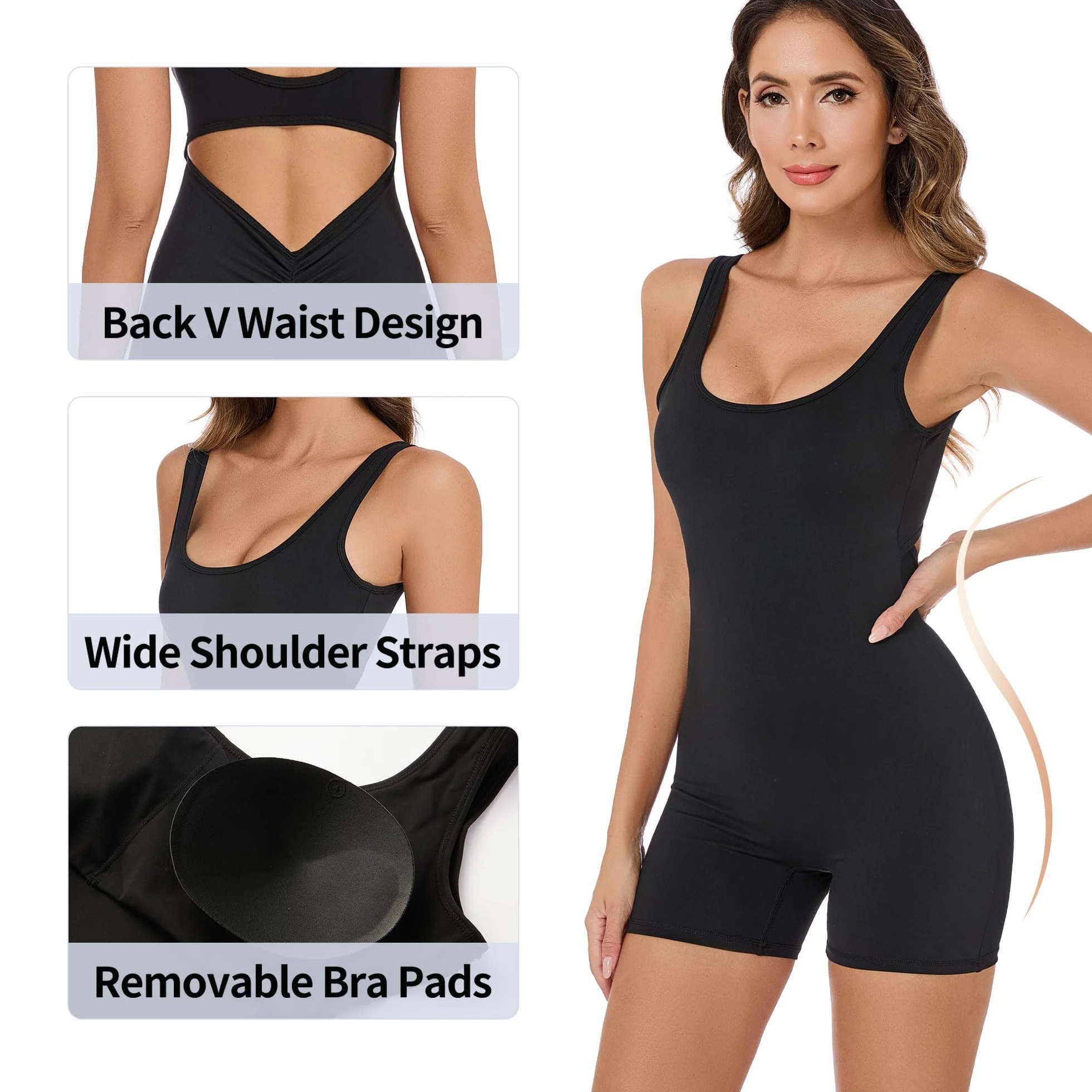 Mono Deportivo Mujer Corto sin Mangas Fitness Jumpsuit Levantamiento de Glúteos Acolchado sin Espalda