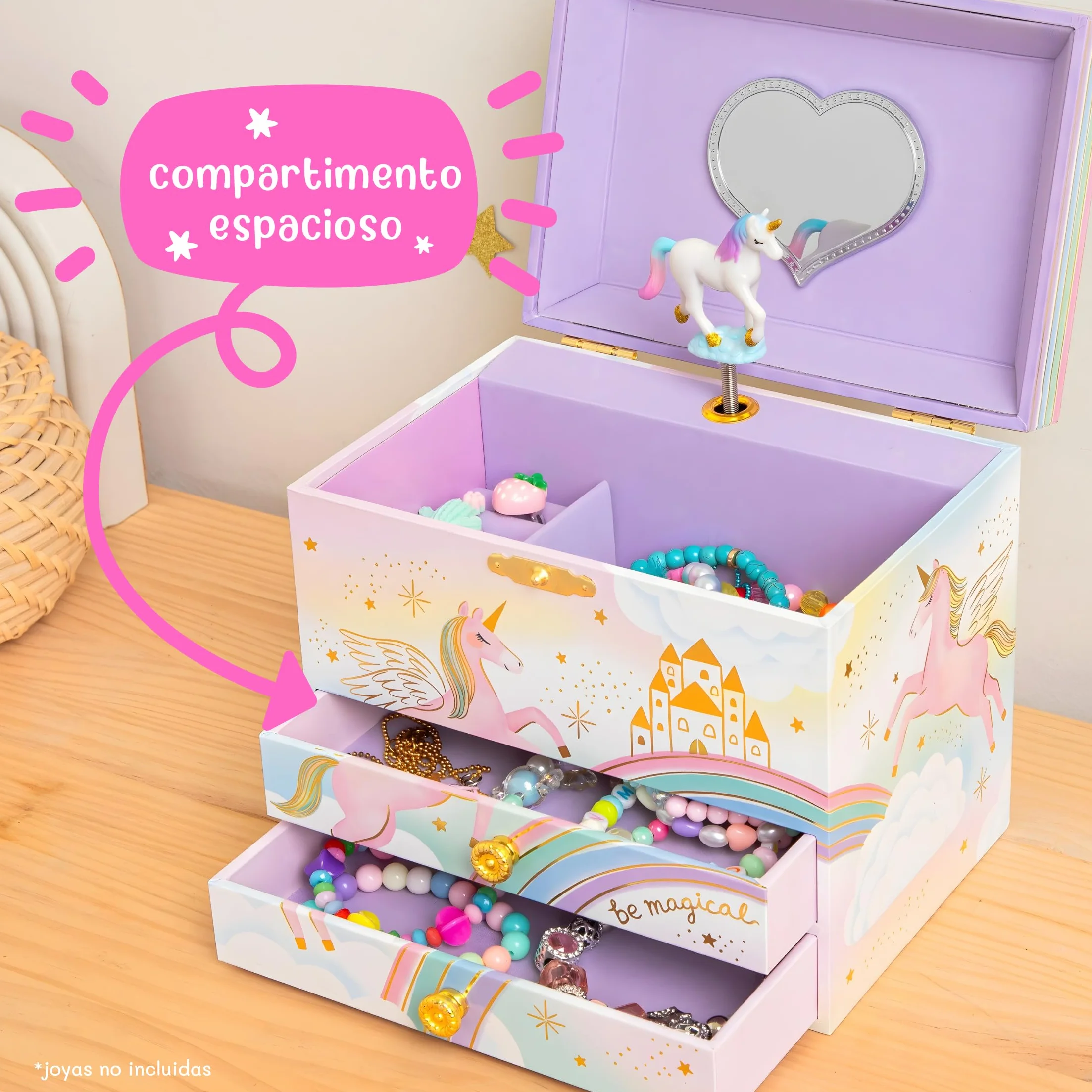 Giggle & Honey Joyero Musical Grande de Unicornio con Dos Cajones para Niñas - Caja de Música Infantil con Espejo