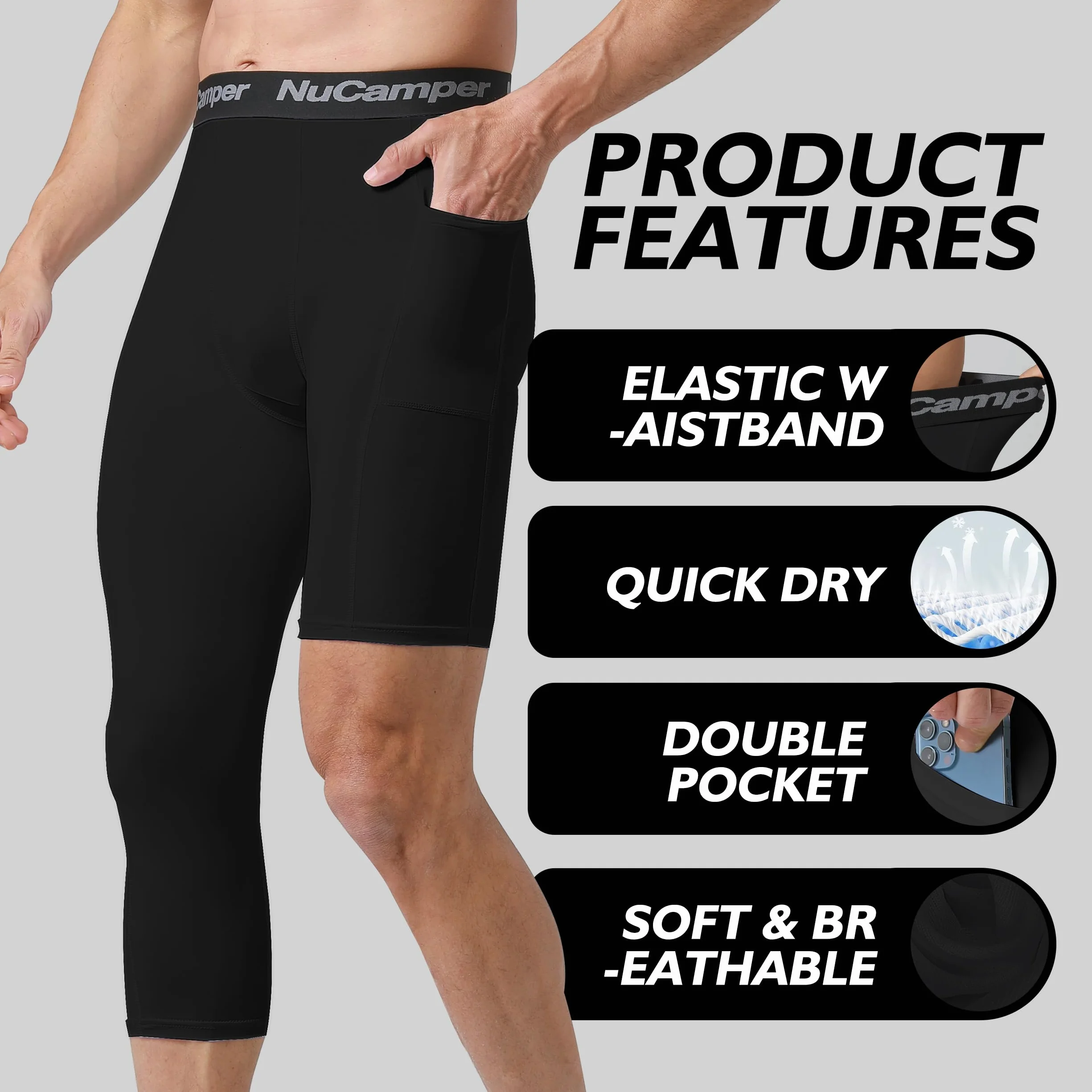 NuCamper Pantalones de Compresión 3/4 Hombre Baloncesto Capa Base Bolsillos Mallas Secado Rápido Transpirables Leggings Correr