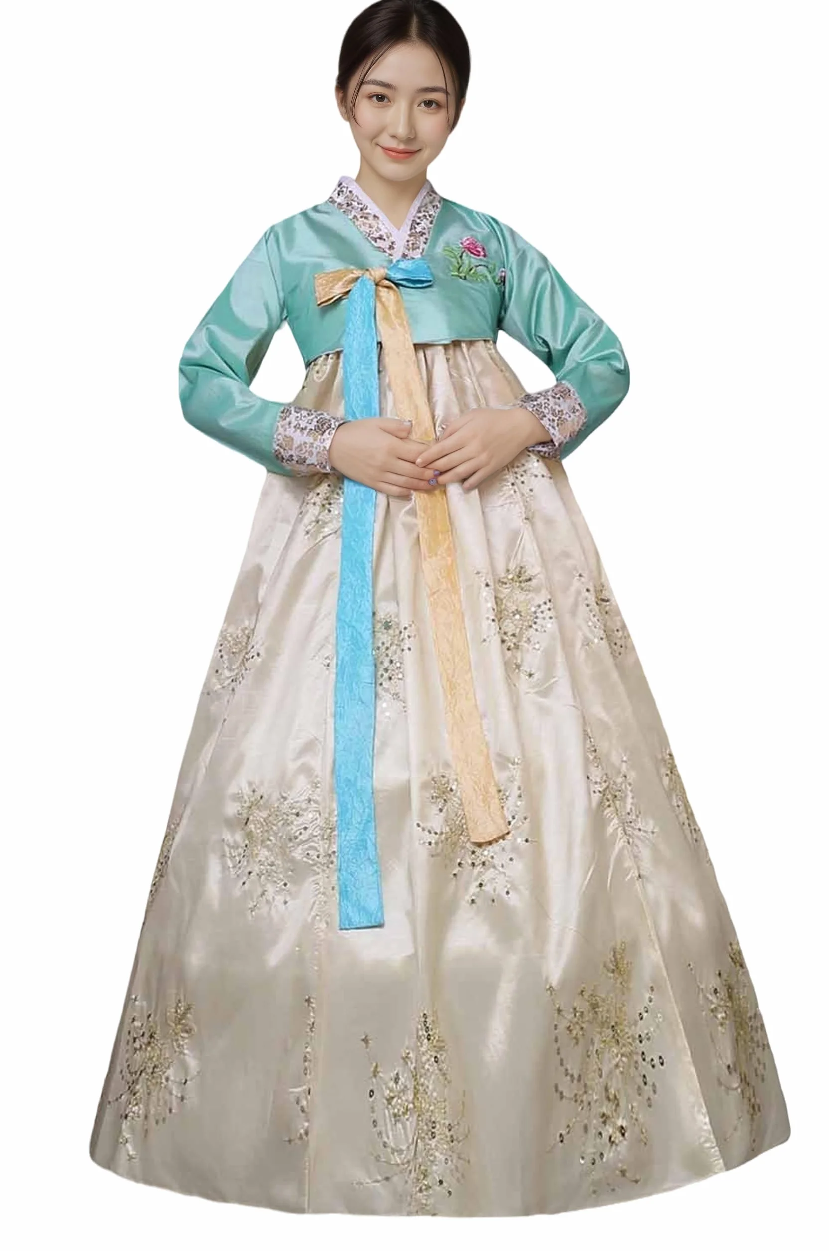 Hanbok tradicional coreano para mujer, vestido de manga larga con bordados florales