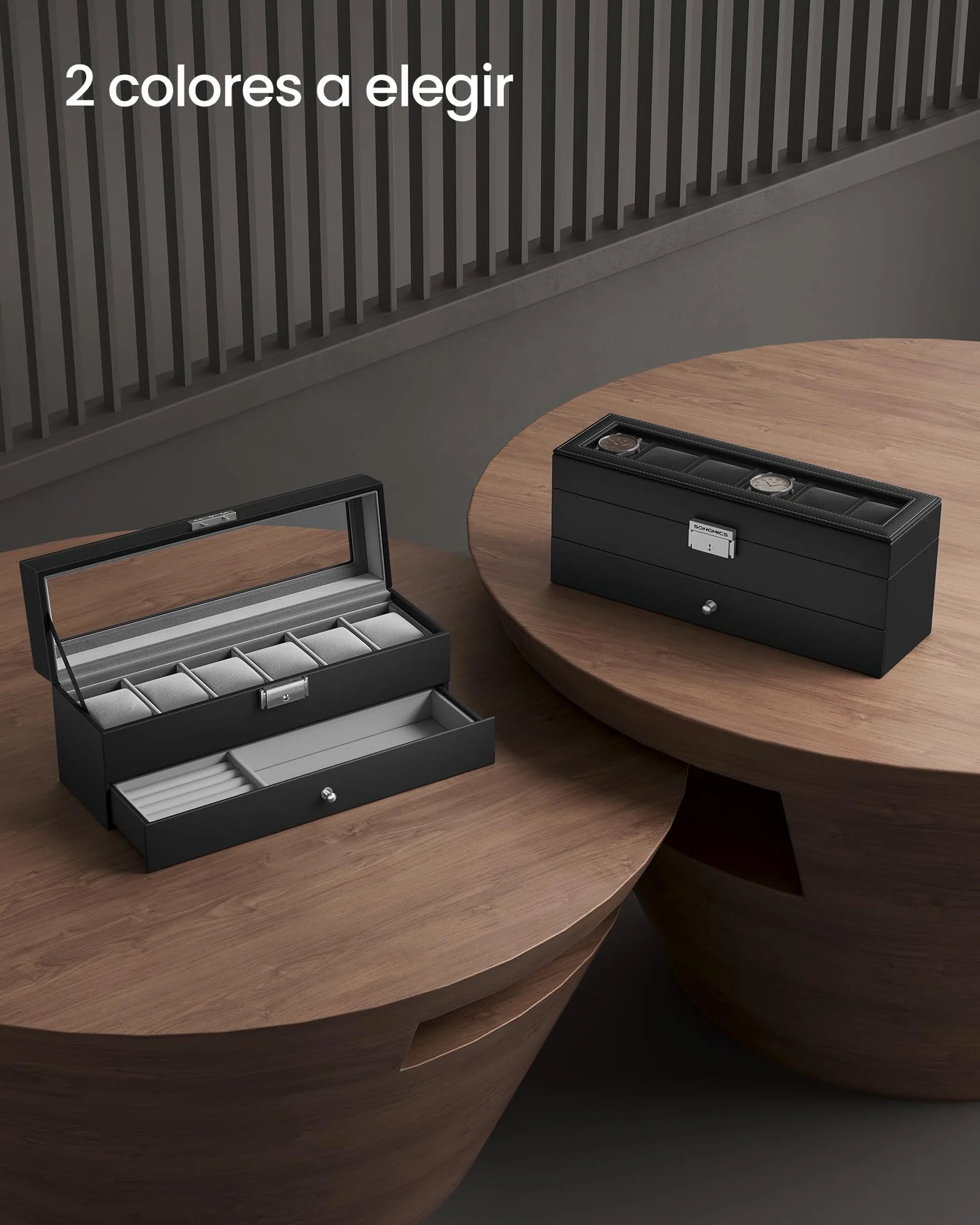 SONGMICS Caja de Reloj 2 Niveles para 6 Relojes, Estuche con Tapa de Cristal y Cerradura, PU Negro